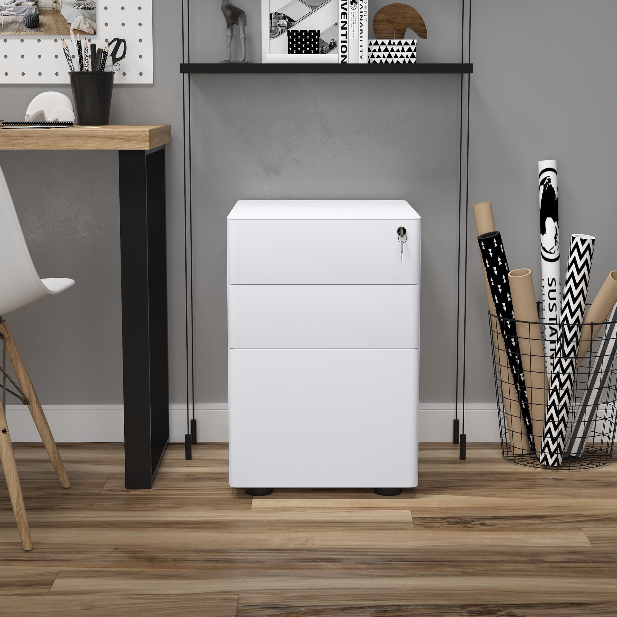 Vinsetto Lockable Cabinet, Rolling Filing Cabinet with 3 Drawers, Steel Office Drawer Unit for A4, Letter, Legal Sized Files - North Peak Garden Furniture