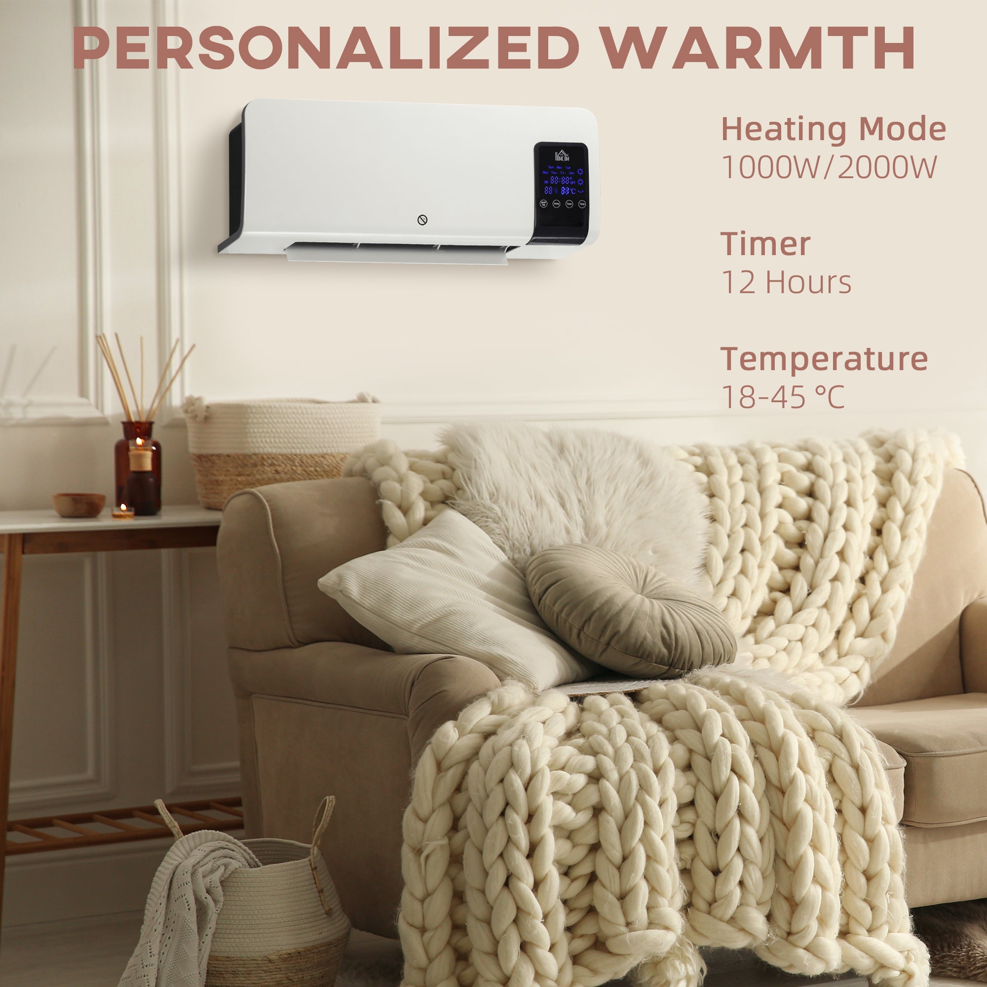 HOMCOM 2000W Wall-Mounted Heater, 18-45°C Temperature, White