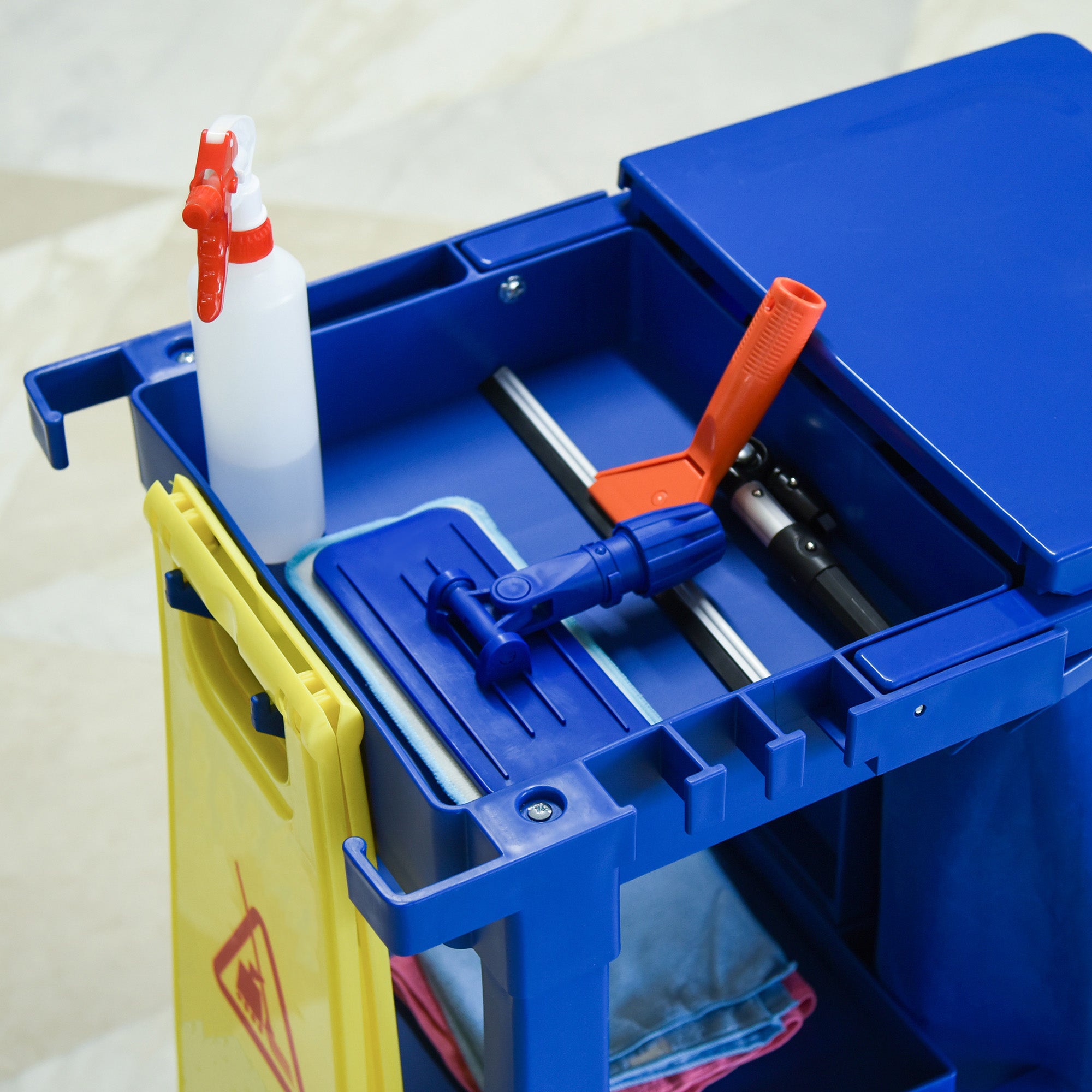 HOMCOM Janitor Cleaning Trolley, with Bin, Shelves and Hooks - Blue - North Peak Garden Furniture