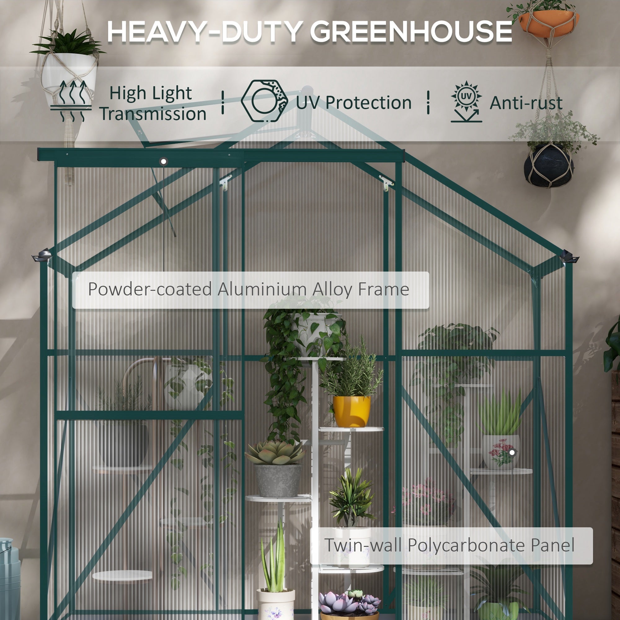 Outsunny 6 x 2.5ft Polycarbonate Greenhouse Walk-In Green House with Rain Gutter, Sliding Door, Window, Foundation, Green - North Peak Garden Furniture