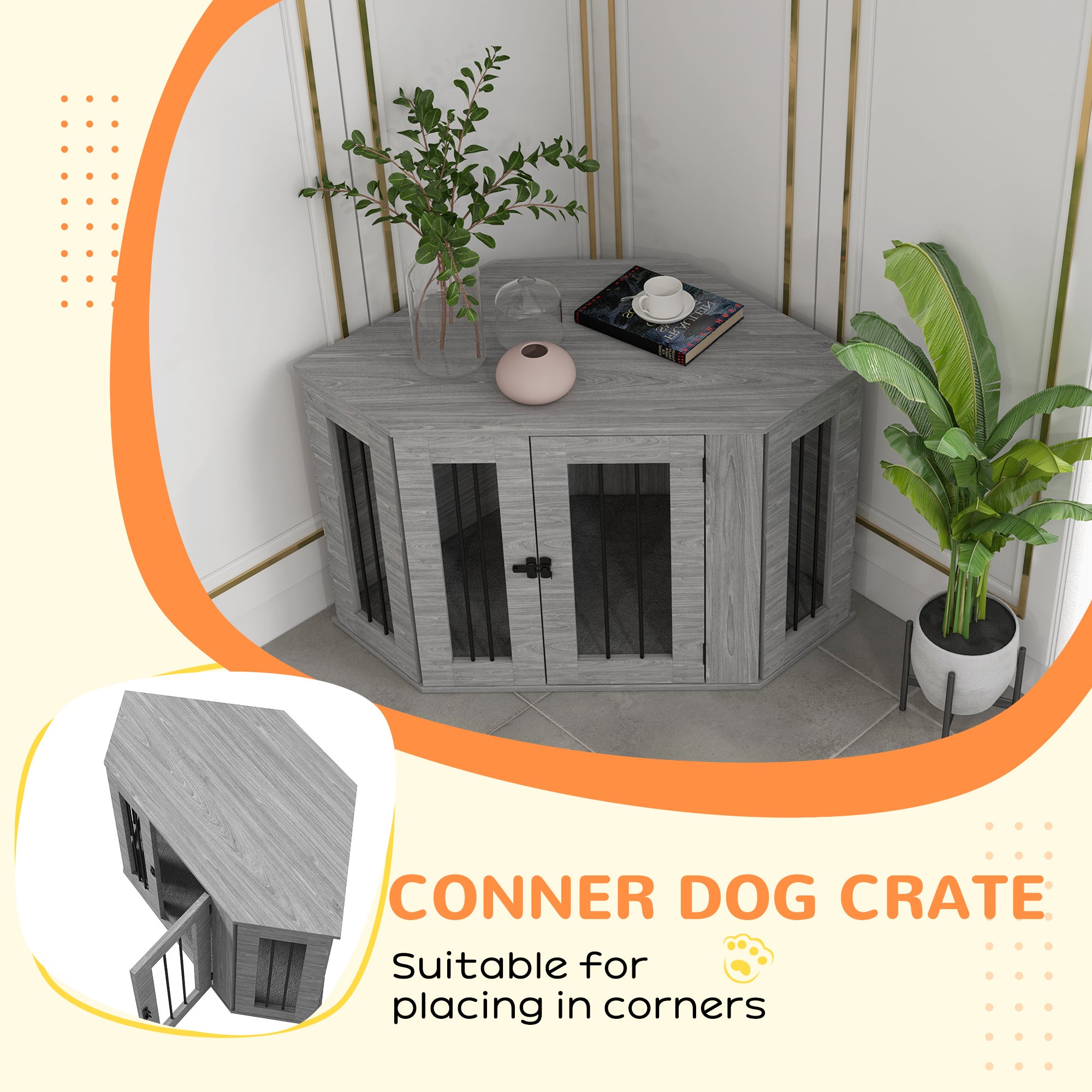 PawHut 2 in 1 Dog Crate Furniture Side Table, with Cushion, 104 x 55 x 63cm - Grey - North Peak Garden Furniture