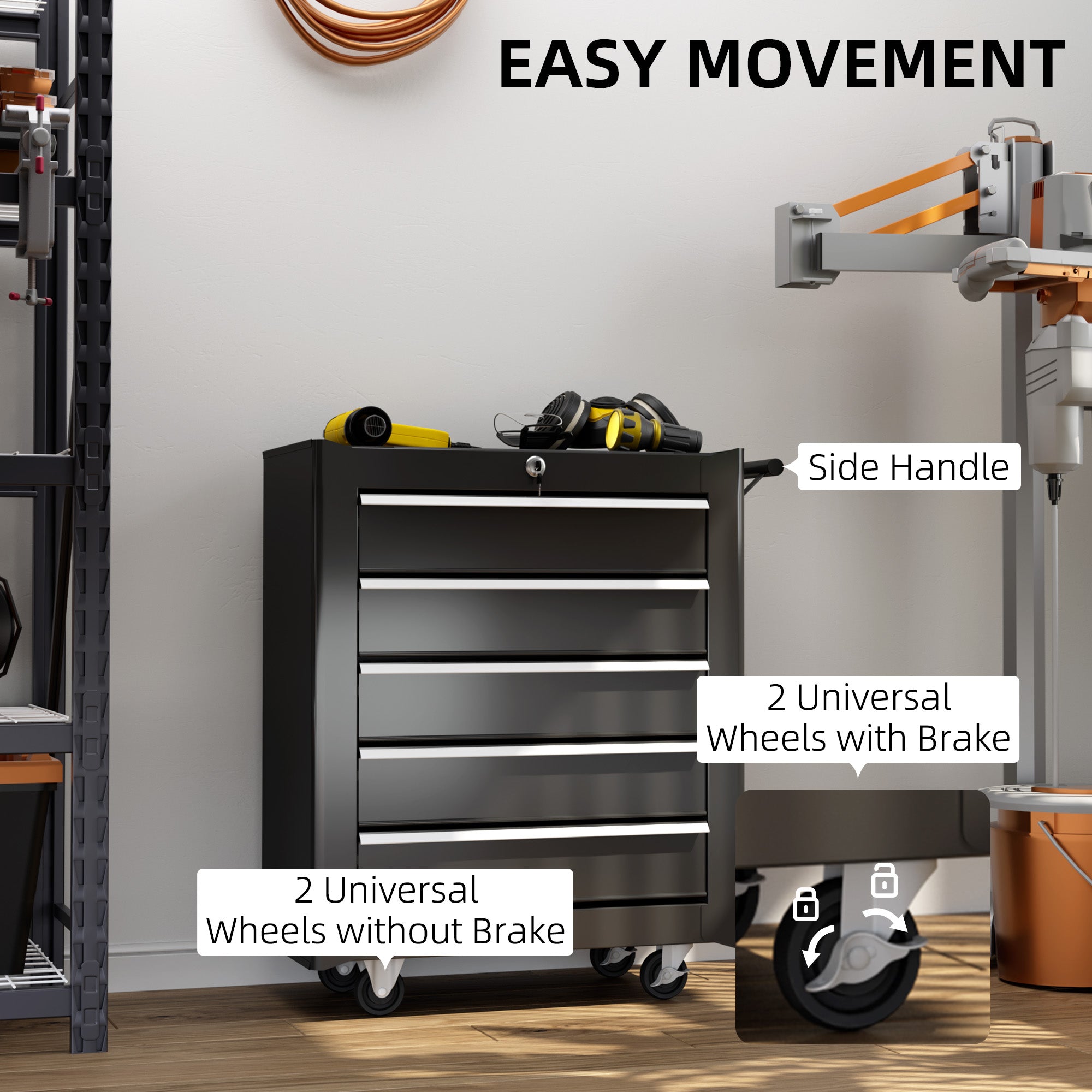HOMCOM 5-Drawer Tool Chest with Wheels, Steel Lockable Tool Storage Cabinet with Handle, 2 Keys for Garage, Workshop, Black - North Peak Garden Furniture
