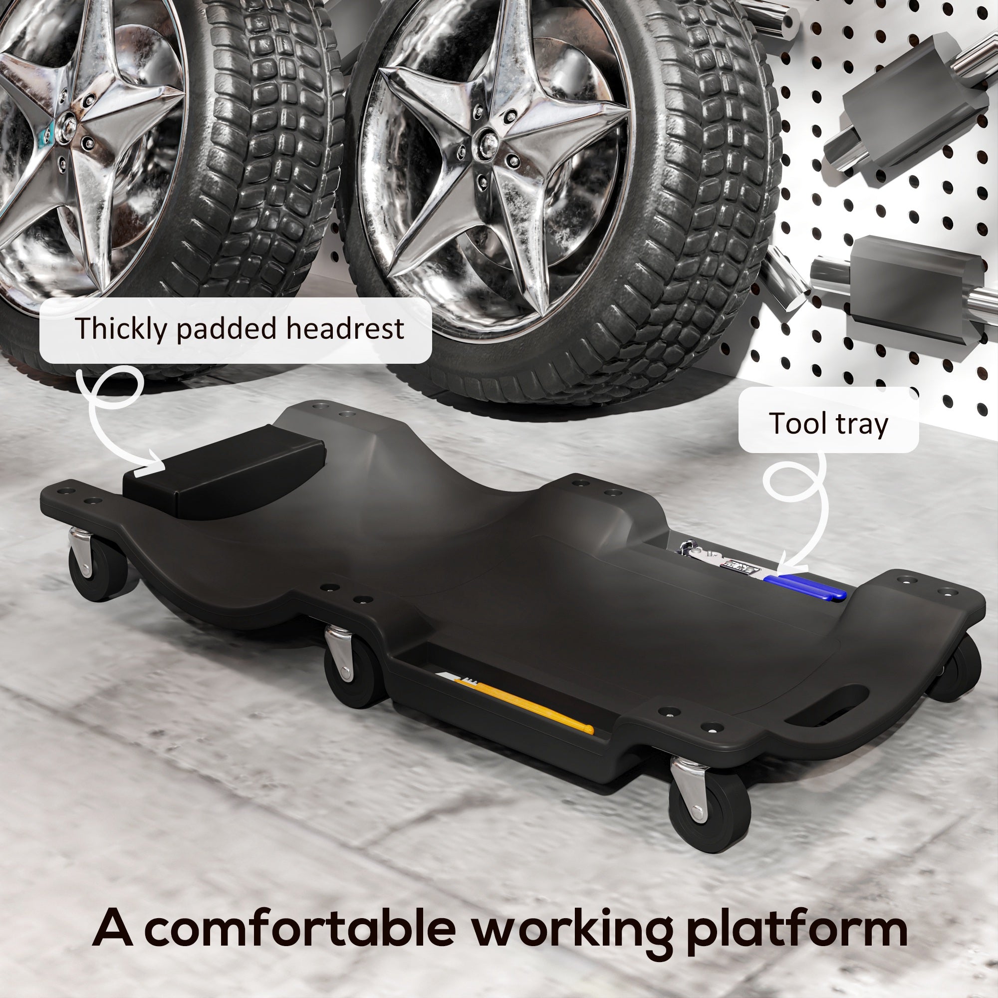 DURHAND Mechanic Vehicle Creeper Under Car Repair Padded Headrest Rolling Moulded Workshop Garage Assistance with Tool Tray, Black - North Peak Garden Furniture