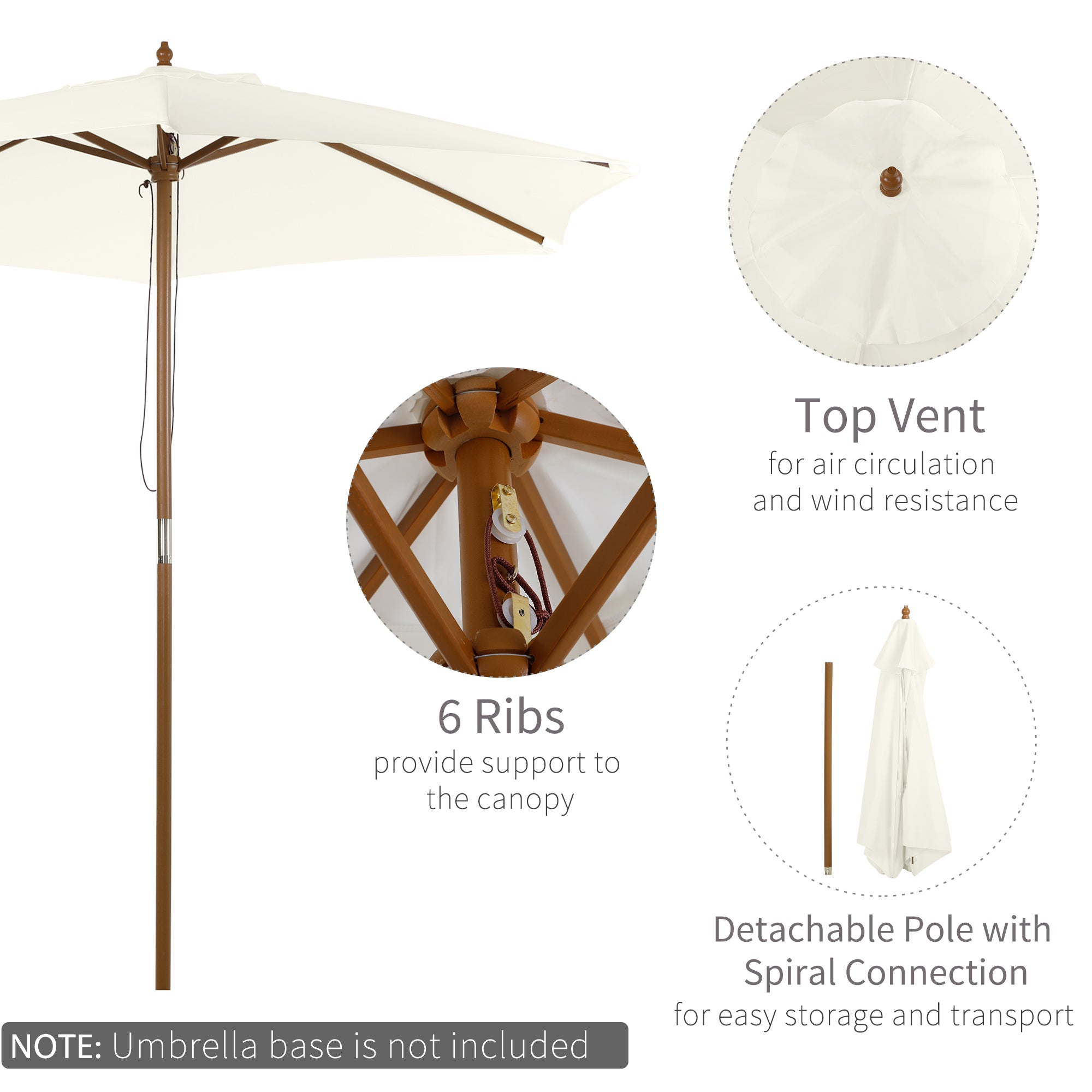 Outsunny 2.5m Patio Umbrella, Wood Garden Parasol, Sun Shade with 6 Ribs and Top Vent for Outdoor, White - North Peak Garden Furniture
