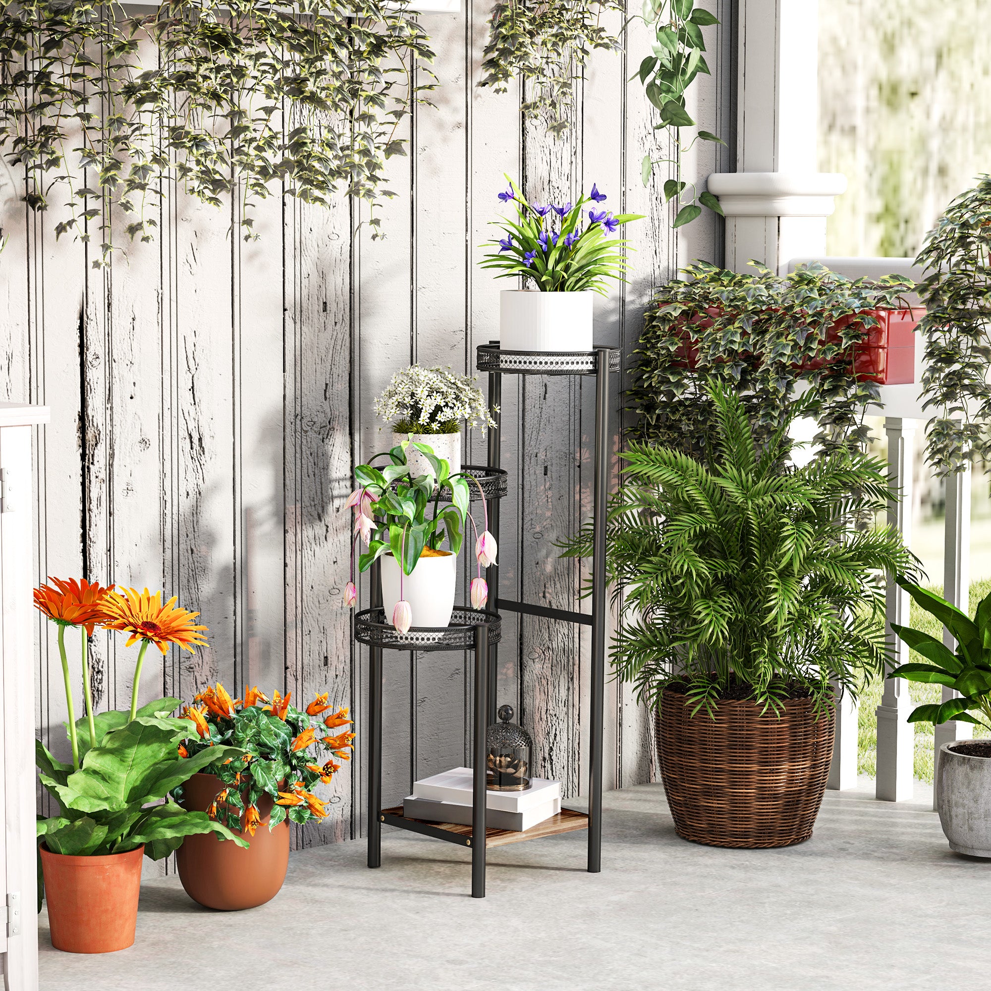 Outsunny Four-Tier Steel Plant Stand - Black - North Peak Garden Furniture
