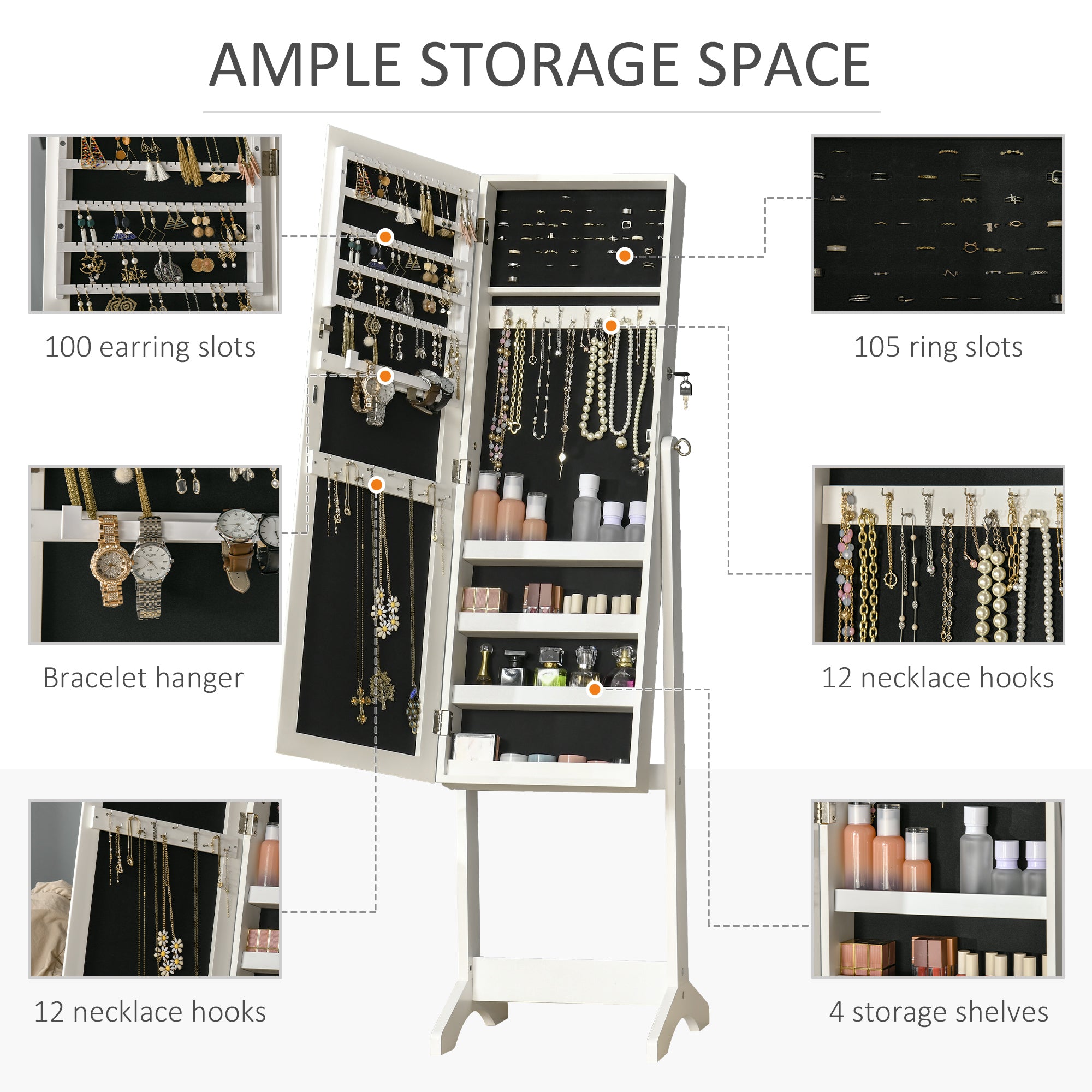 HOMCOM Full Length Mirror with Storage, Jewellery Cabinet with Mirror, Adjustable Angle and Stand, Lockable Jewellery Organiser for Bedroom Dressing Room, White - North Peak Garden Furniture