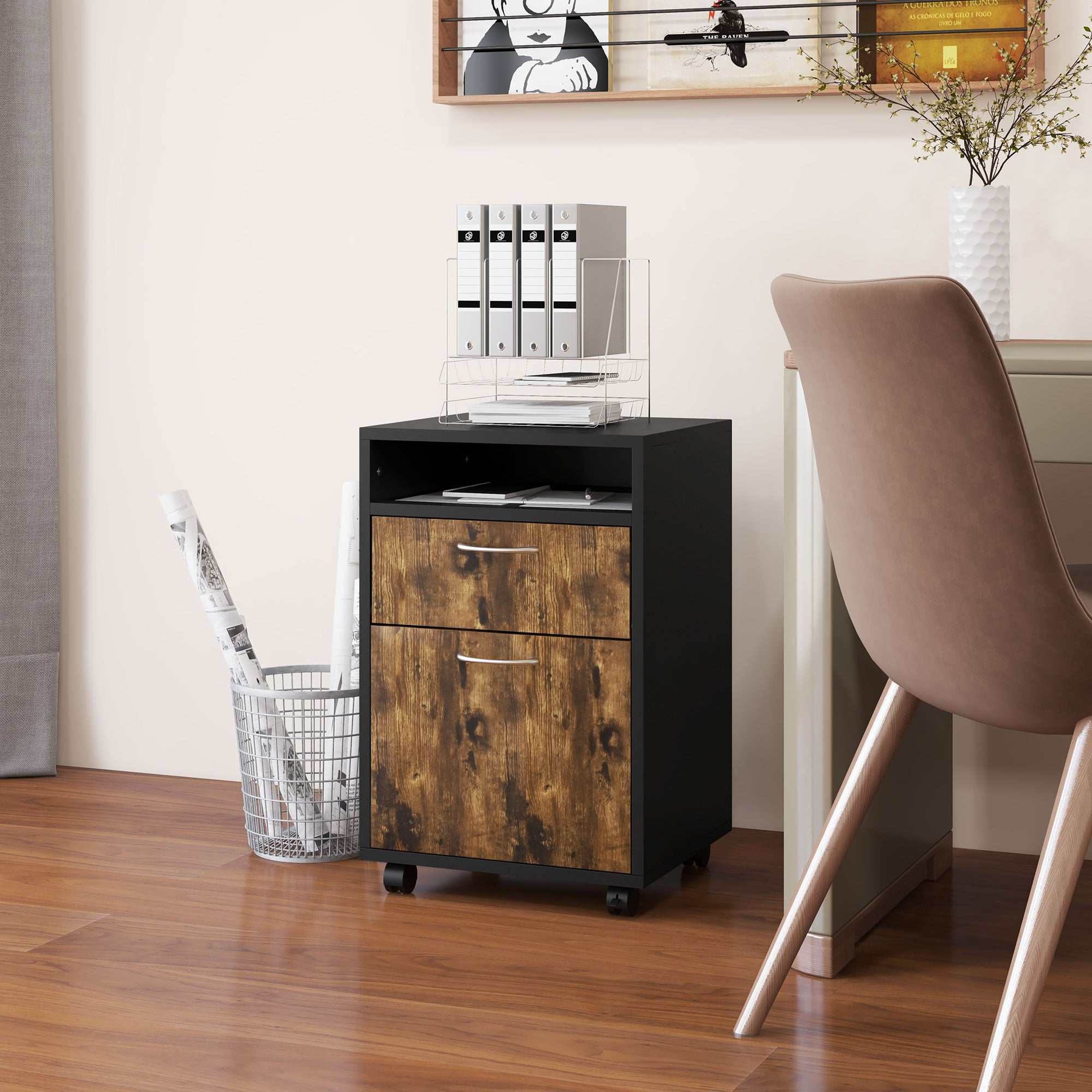 HOMCOM 60cm Filing Cabinet with Drawer, Open Shelf, Metal Handles and 4 Wheels, Office Home Organiser Mobile Printer, Rustic Brown - North Peak Garden Furniture