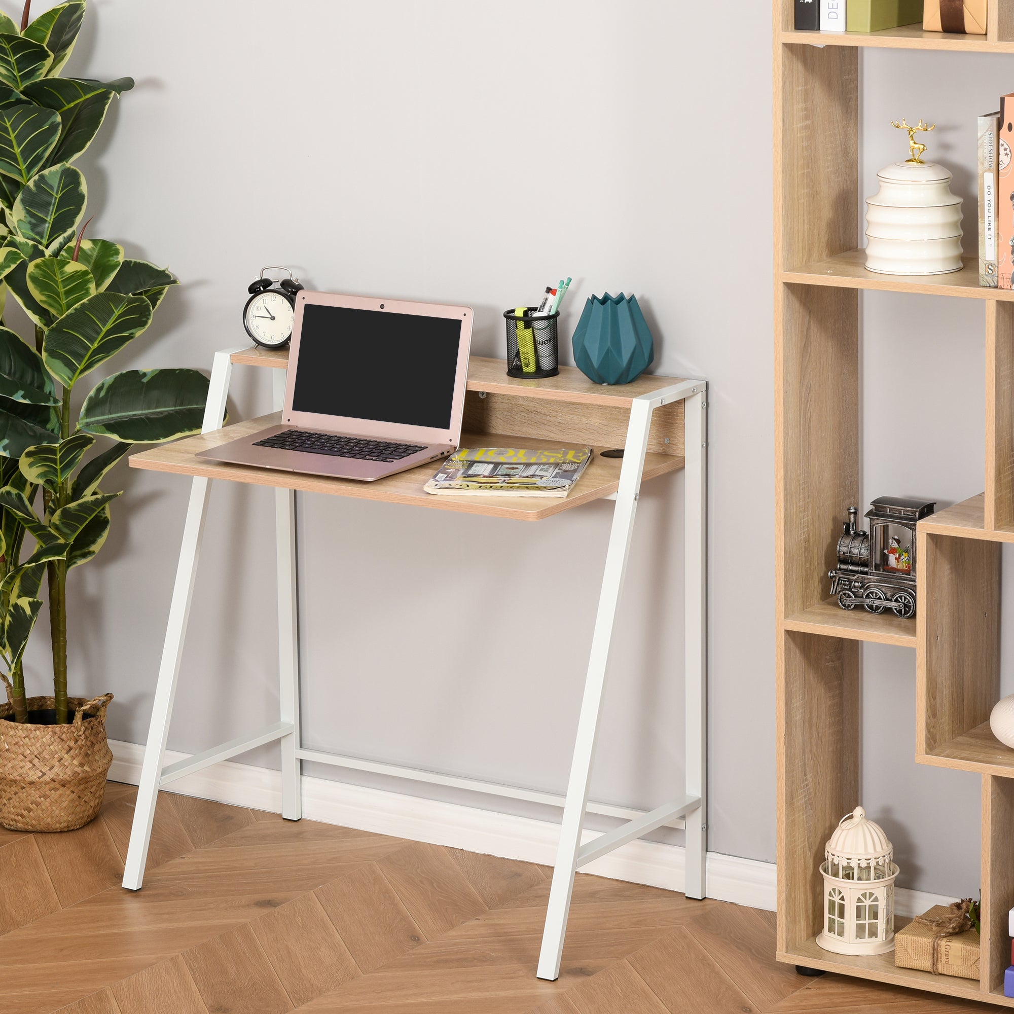 HOMCOM Writing Desk Computer Table Home Office PC Laptop Workstation Storage Shelf 84L x 45W cm White and Oak - North Peak Garden Furniture
