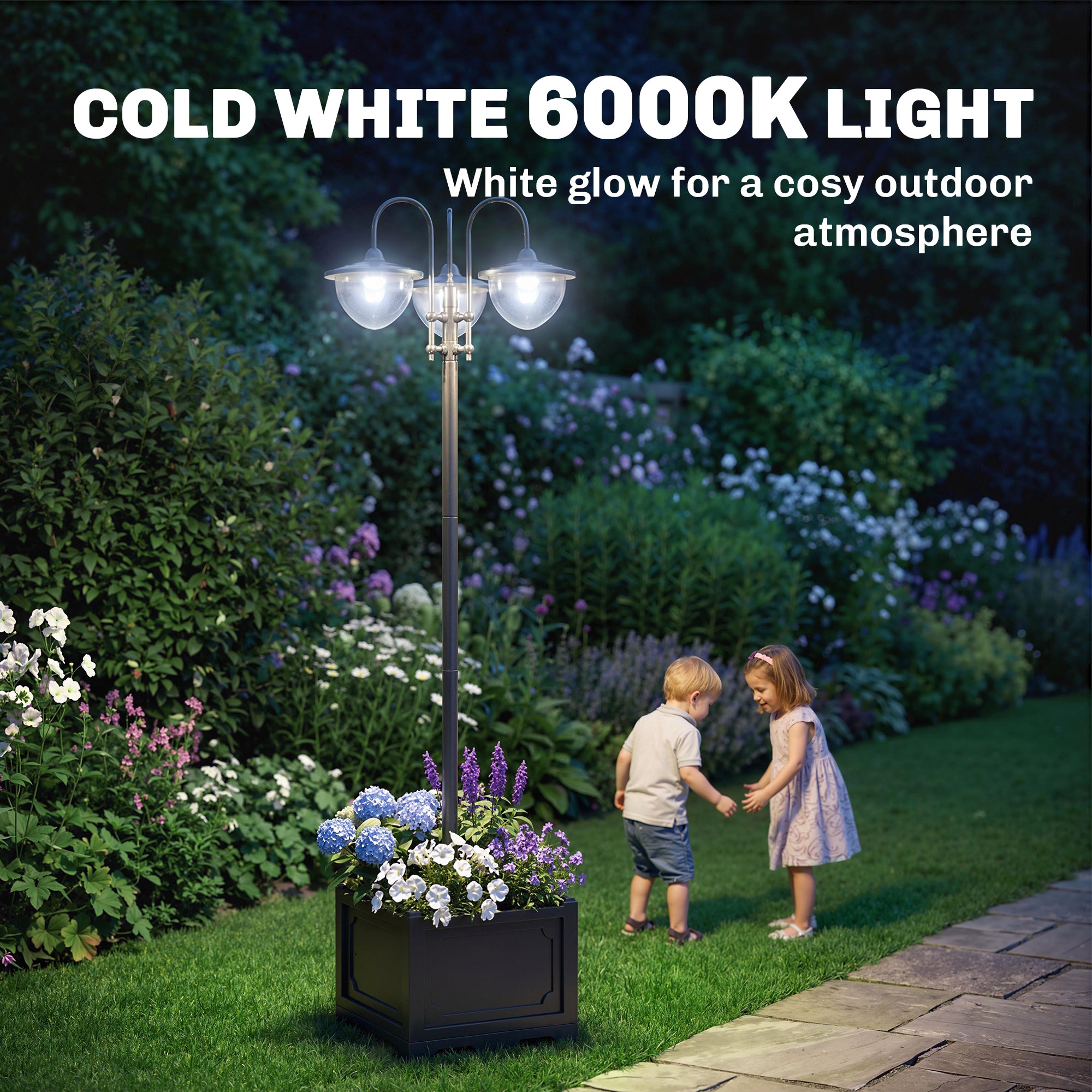 Outsunny 189cm 3-head Solar Lamp Post, Street Light with Planter, Automatic-on, 6 Hour Max Outdoor Ready LED Lighting, Black
