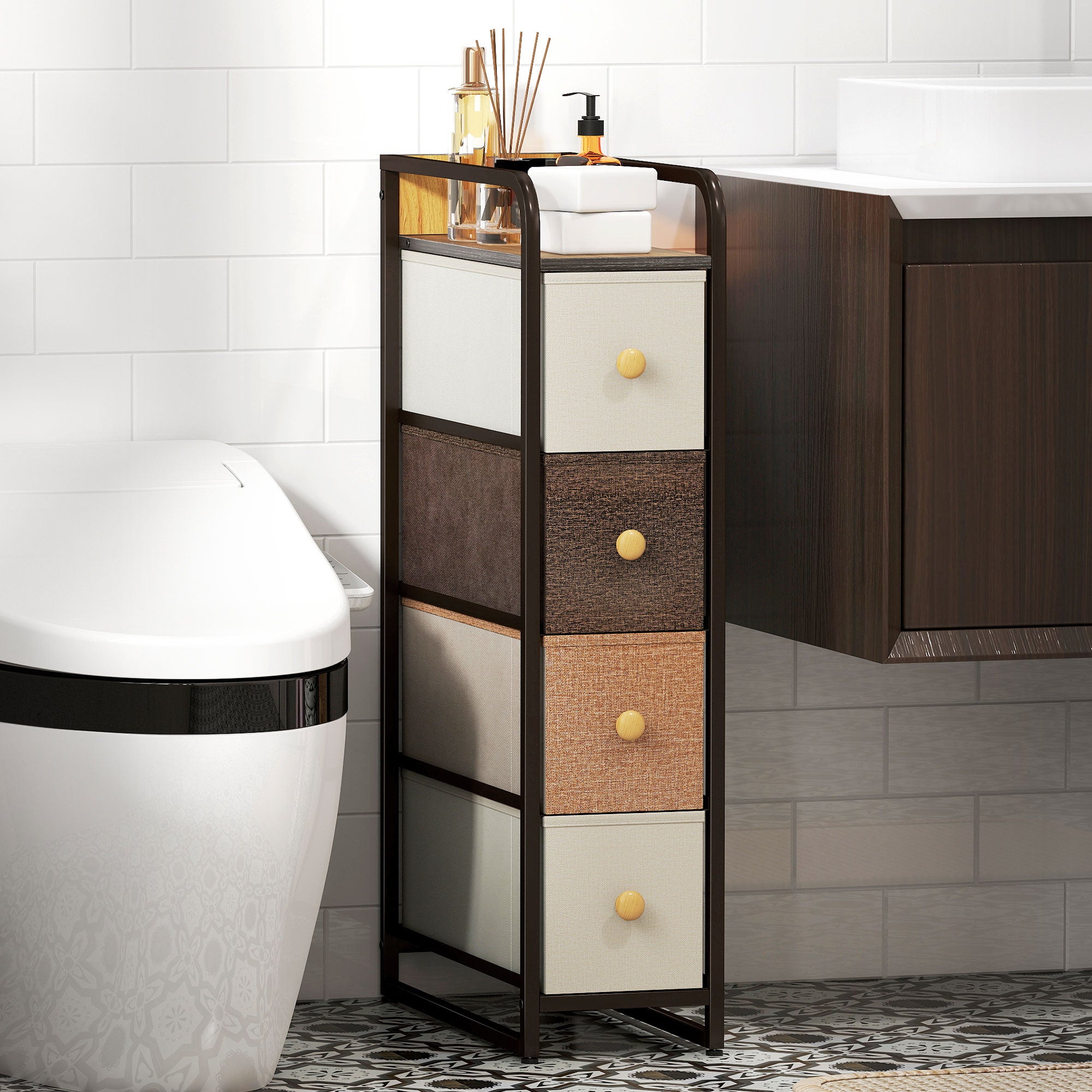 HOMCOM 4-Drawer Storage Organiser Unit, Chest of Drawers with Steel Frame for Bedroom, Living Room, Mixed-Brown