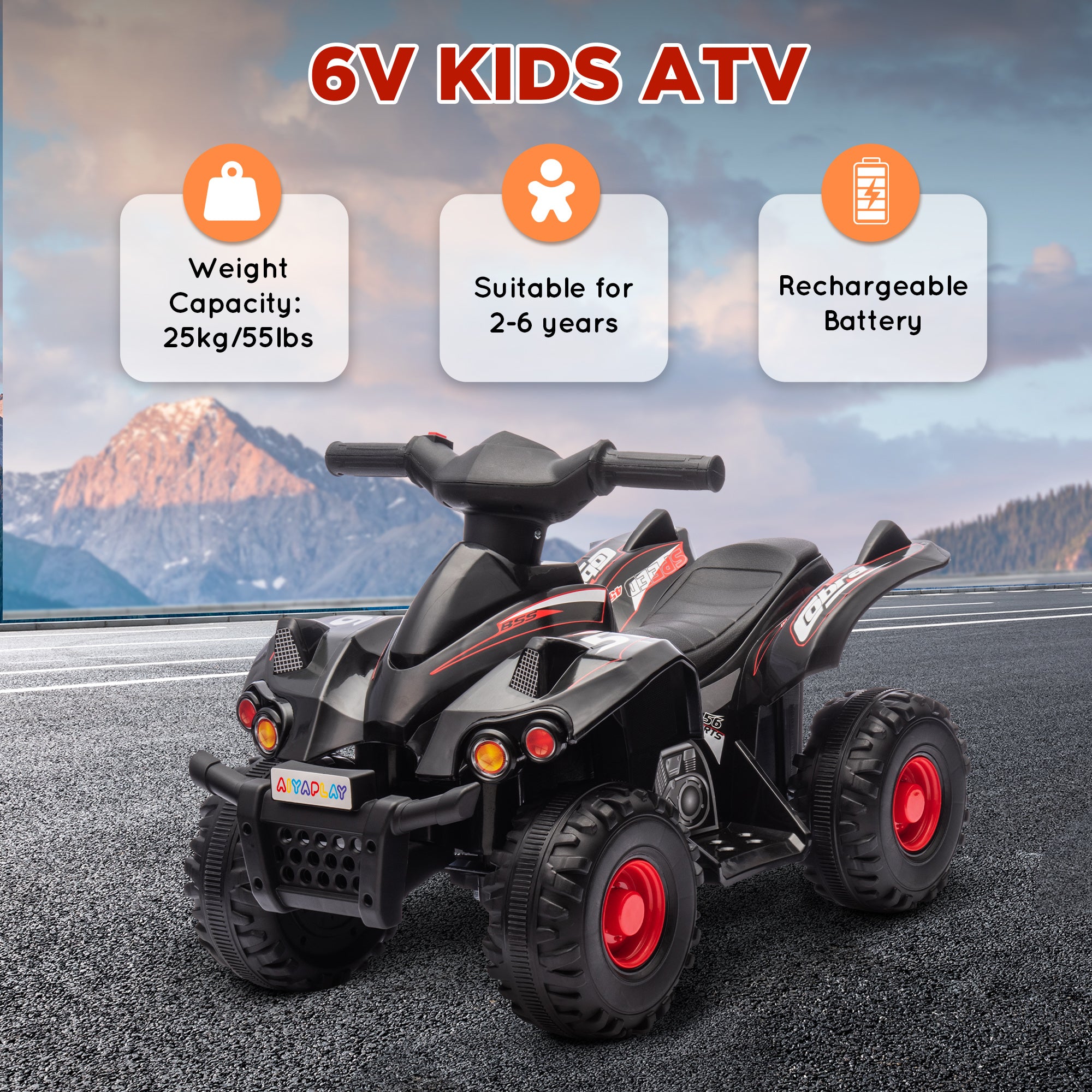 AIYAPLAY 6V Kids Electric Quad Bike w/ Music, Forward Function, for 2-6 Years, Black - North Peak Garden Furniture