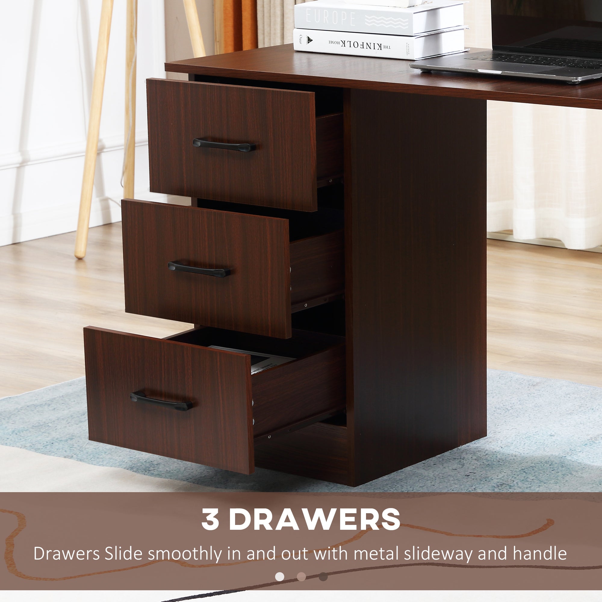 HOMCOM Computer Desk, Writing Table, PC Workstation with 3 Storage Shelves and Drawers, Black Handle, for Home Office, Walnut Brown - North Peak Garden Furniture