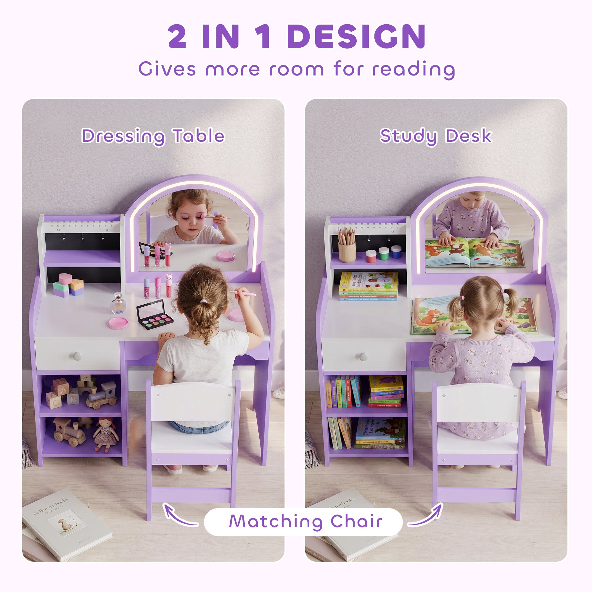 AIYAPLAY Kids Vanity Set, Girls Dressing Table with Stool, 2-Colour Lights Mirror, Pretend Dresser Gift for Ages 3-8, Purple