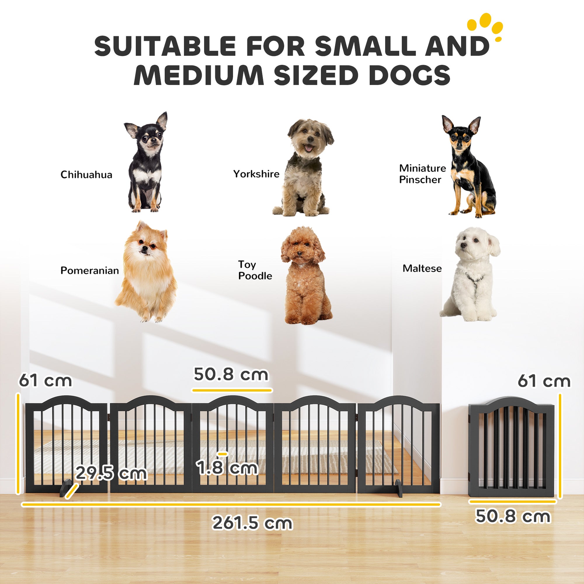 PawHut Freestanding Dog Gate Wooden Stair Gate for Dogs with Support Feet Foldable Pet Fence Safety Barrier for the House Doorway Stairs Black