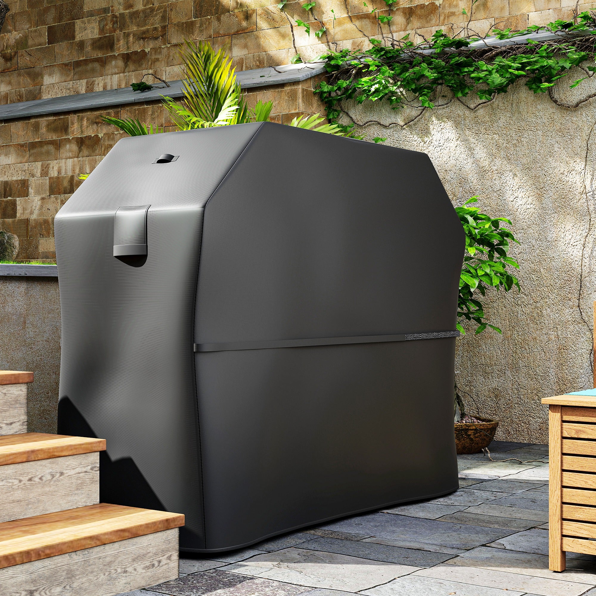 Outsunny BBQ Cover for Rectangular Gas Grill, 600D UPF30+ Oxford Fabric Barbecue Cover for Waterproof Protection Rip-Proof, with Windproof Hook and Loop Fasteners, Vents, 147 x 61 x 122 cm, Black - North Peak Garden Furniture