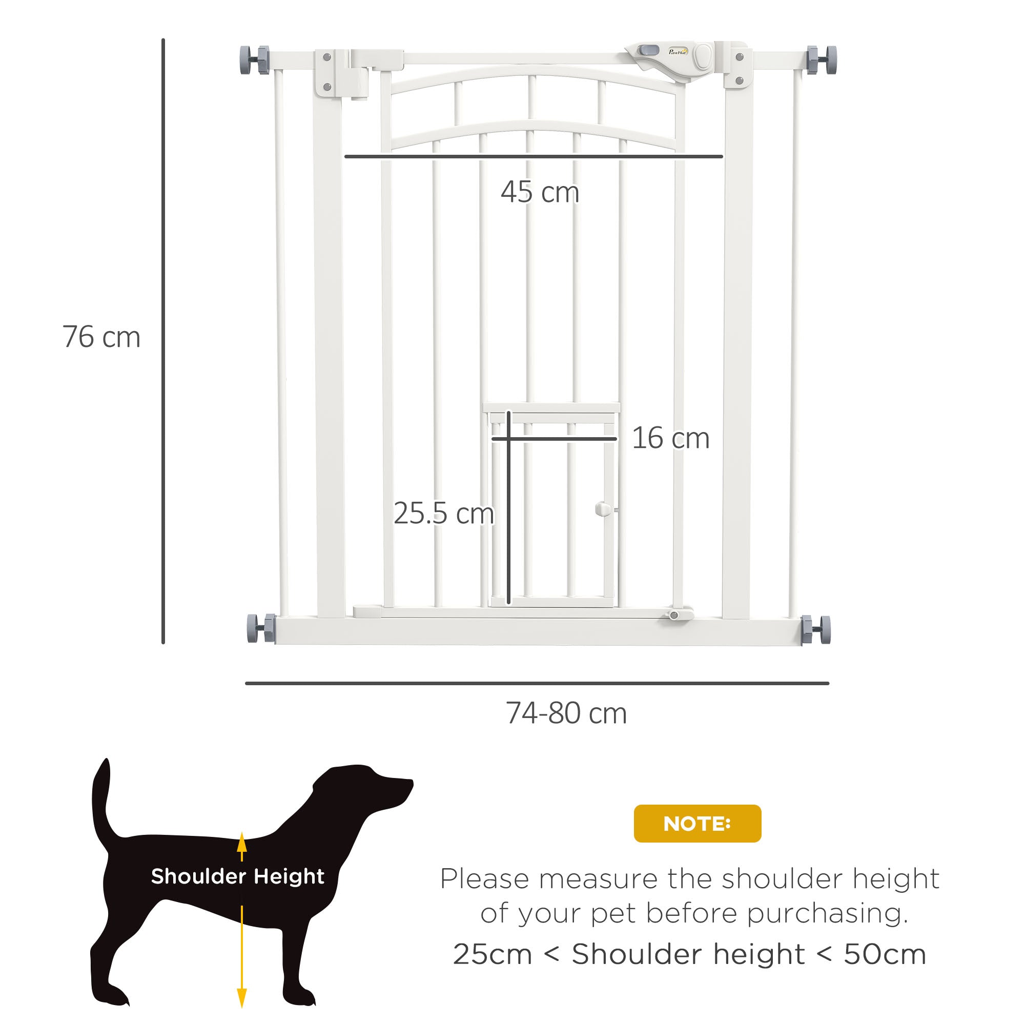PawHut Pressure Fit Stair Gate, Dog Gate w/ Small Cat Door, Auto Closing System, Double Locking Openings, 74-80cm - White - North Peak Garden Furniture