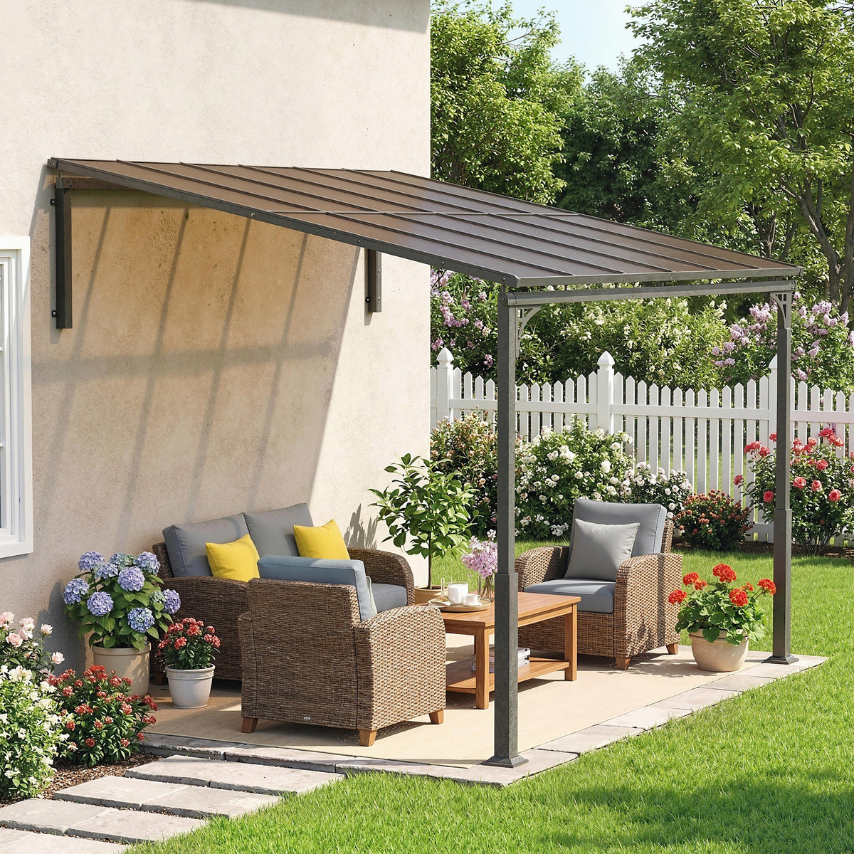Outsunny 3.4 x 3 m Metal Lean-to Pergola, Wall-Mounted Garden Pergola with Polycarbonate Roof and Metal-Aluminium Frame, Brown