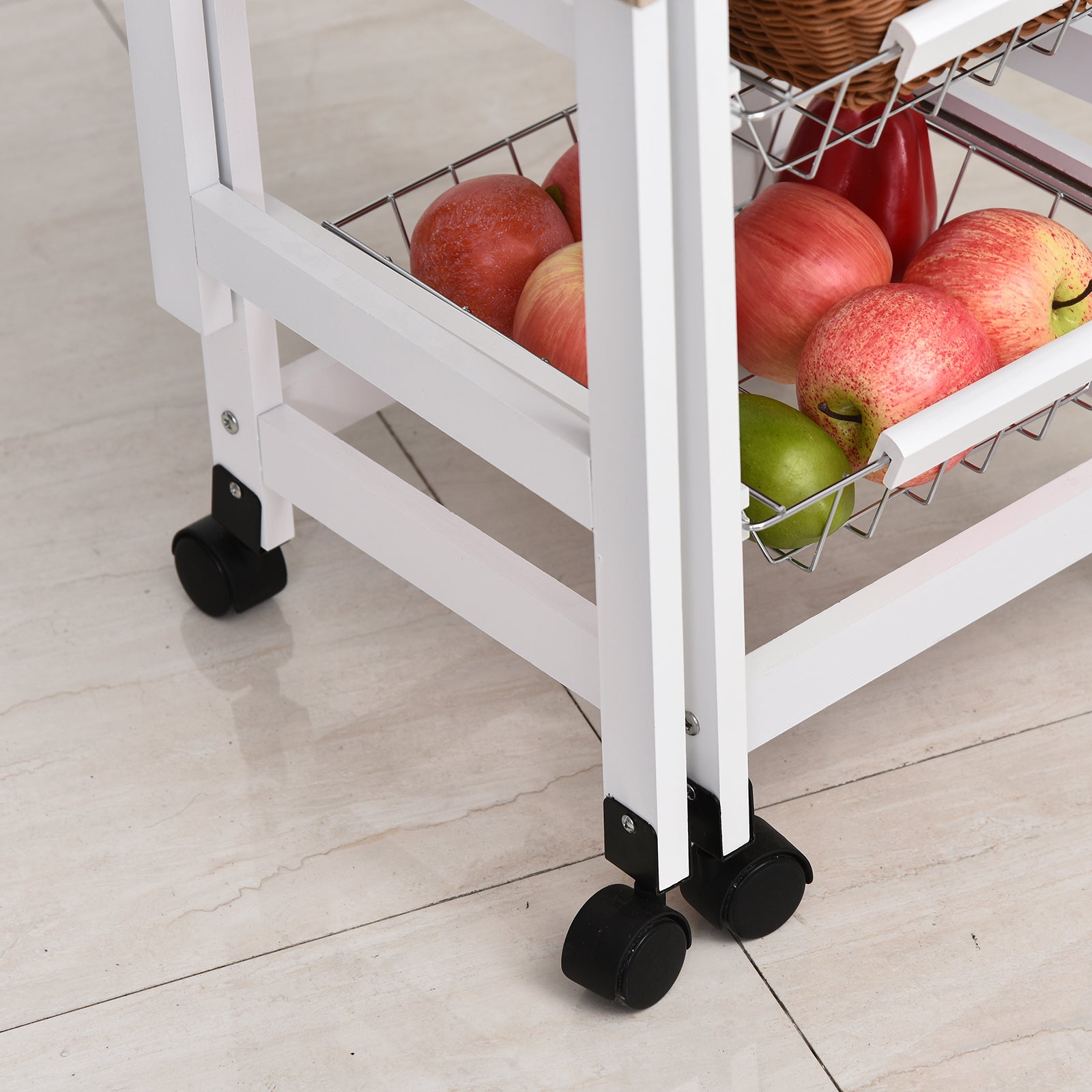 HOMCOM Drop-Leaf Kitchen Cart Trolley w/ 3 Baskets Drawer Surface Top 6 Universal Wheels Rolling Storage Unit Kitchen Home Dining Island White Oak Tone