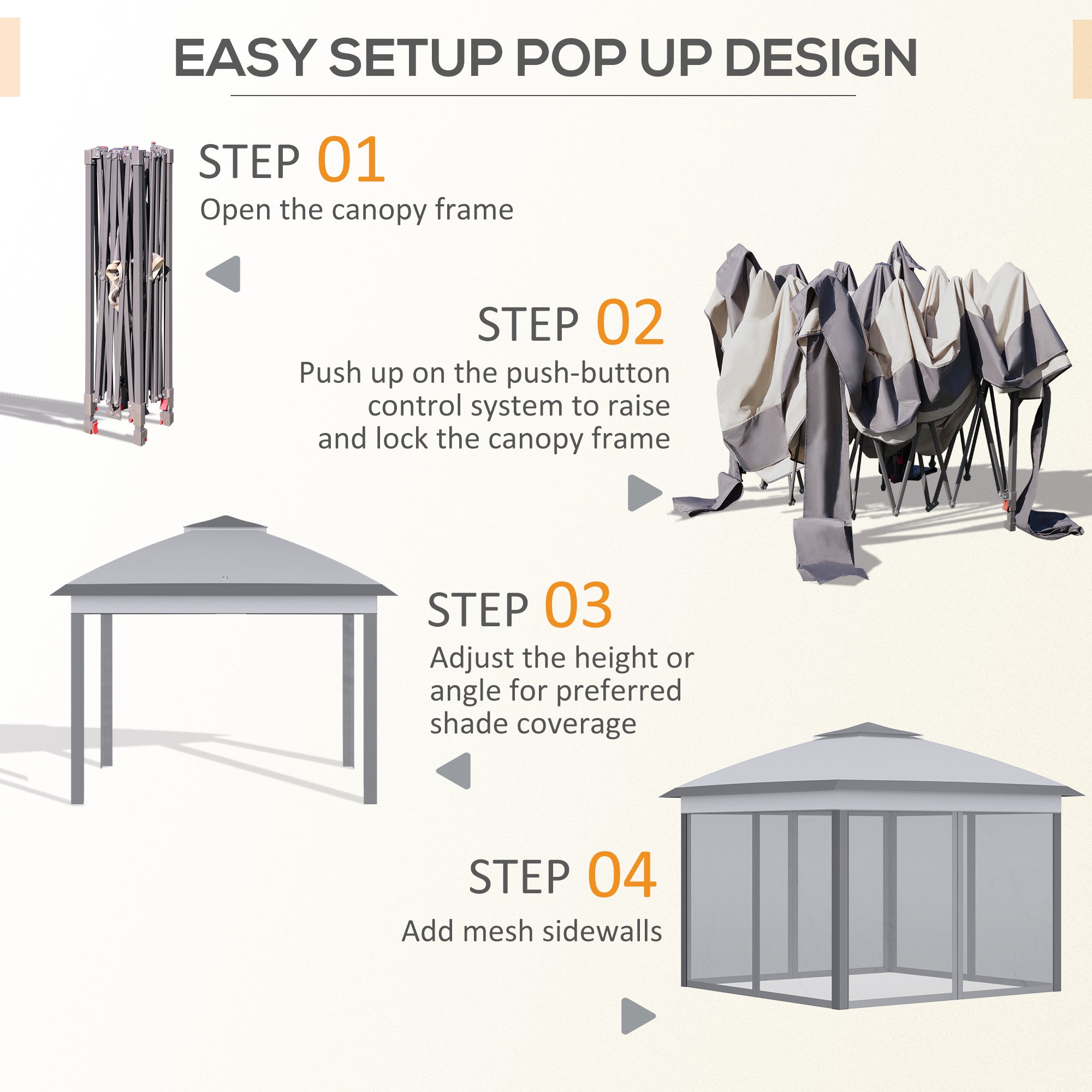 Outsunny 330cm x 330cm Pop Up Canopy, Double Roof Foldable Canopy Tent with Zipped Mesh Sidewalls, Height Adjustable and Carrying Bag, Event Tent for Patio Garden, Grey - North Peak Garden Furniture