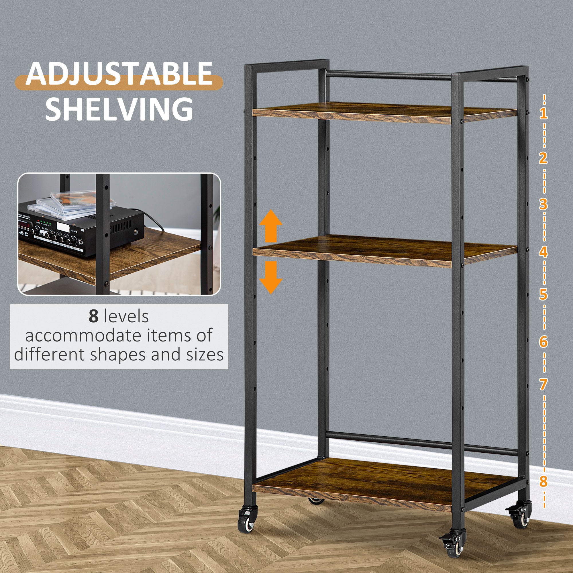 HOMCOM 3-Tier Printer Stand, Utility Cart, Rolling Trolley with Adjustable Shelves with Lockable Wheels for Home Office, Rustic Brown - North Peak Garden Furniture