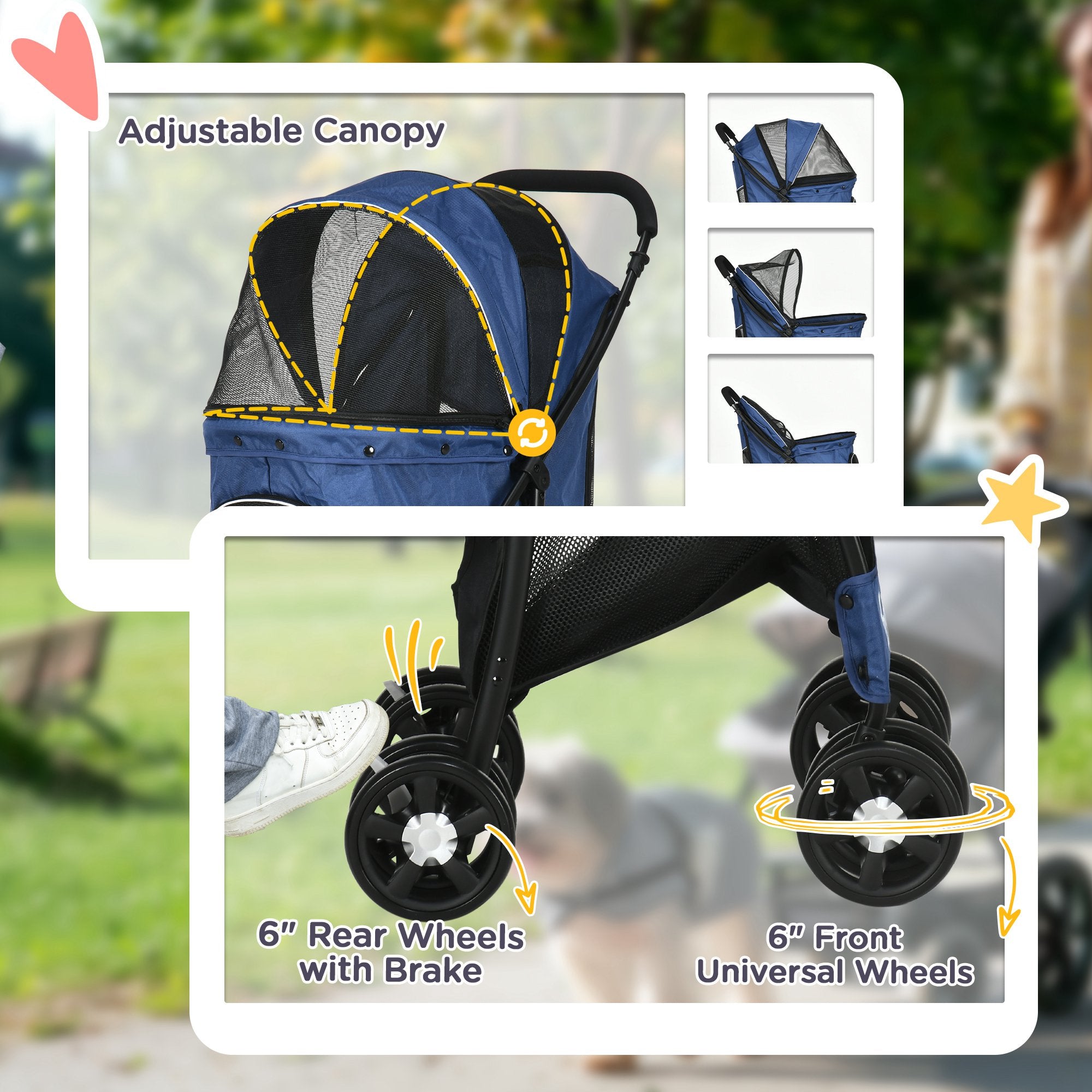 PawHut Foldable Pet Stroller for Dogs, Puppy Stroller, with Large Carriage, Brakes, Canopy - Blue - North Peak Garden Furniture