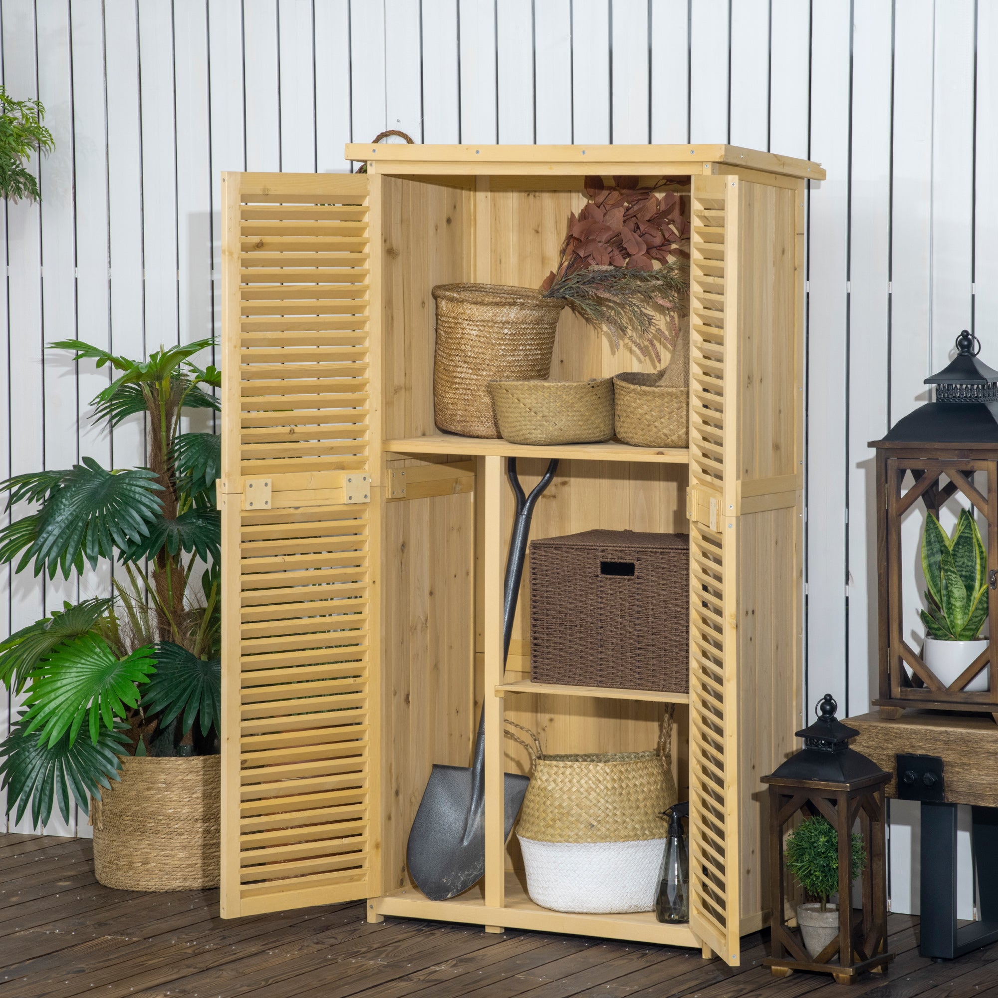 Outsunny 87 x 47 x 160cm Wooden Garden Shed, Sheds & Outdoor Storage with Asphalt Roof and 2 Lockable Doors, Natural - North Peak Garden Furniture