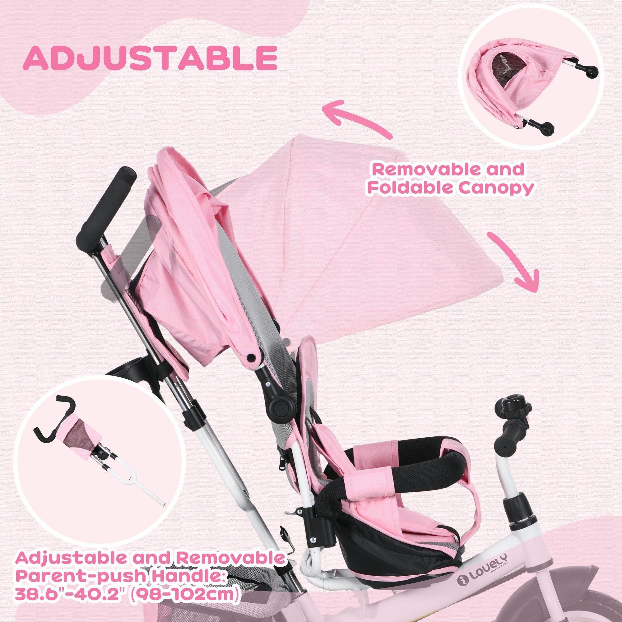 HOMCOM 6 in 1 Kids Trike Push Bike w/ Push Handle, Canopy, 5-point Safety Belt, Storage, Footrest, Brake, for 1-5 Years, Pink - North Peak Garden Furniture
