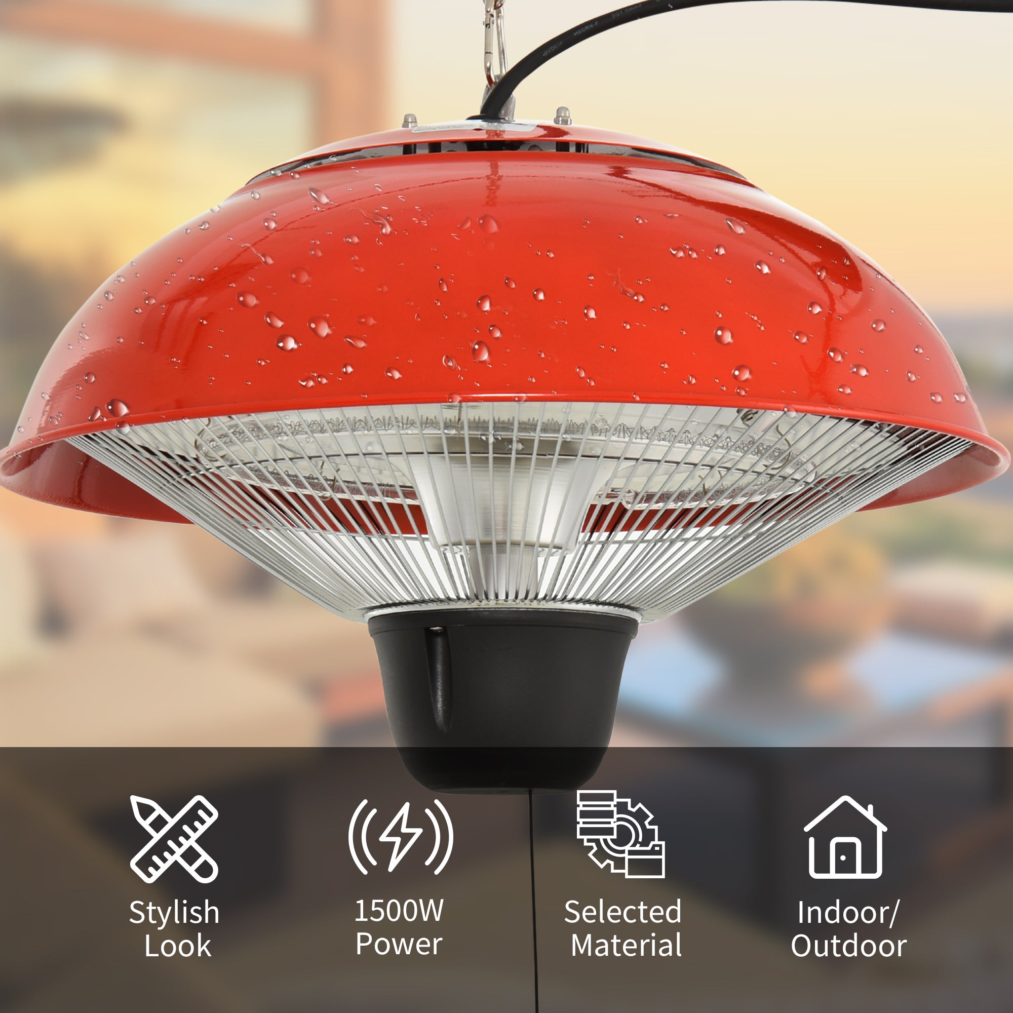 Outsunny 1500W Garden Electric Halogen Patio Heater Hanging Lamp Aluminum Outdoor Ceiling Mounted Heat Warmer - Red