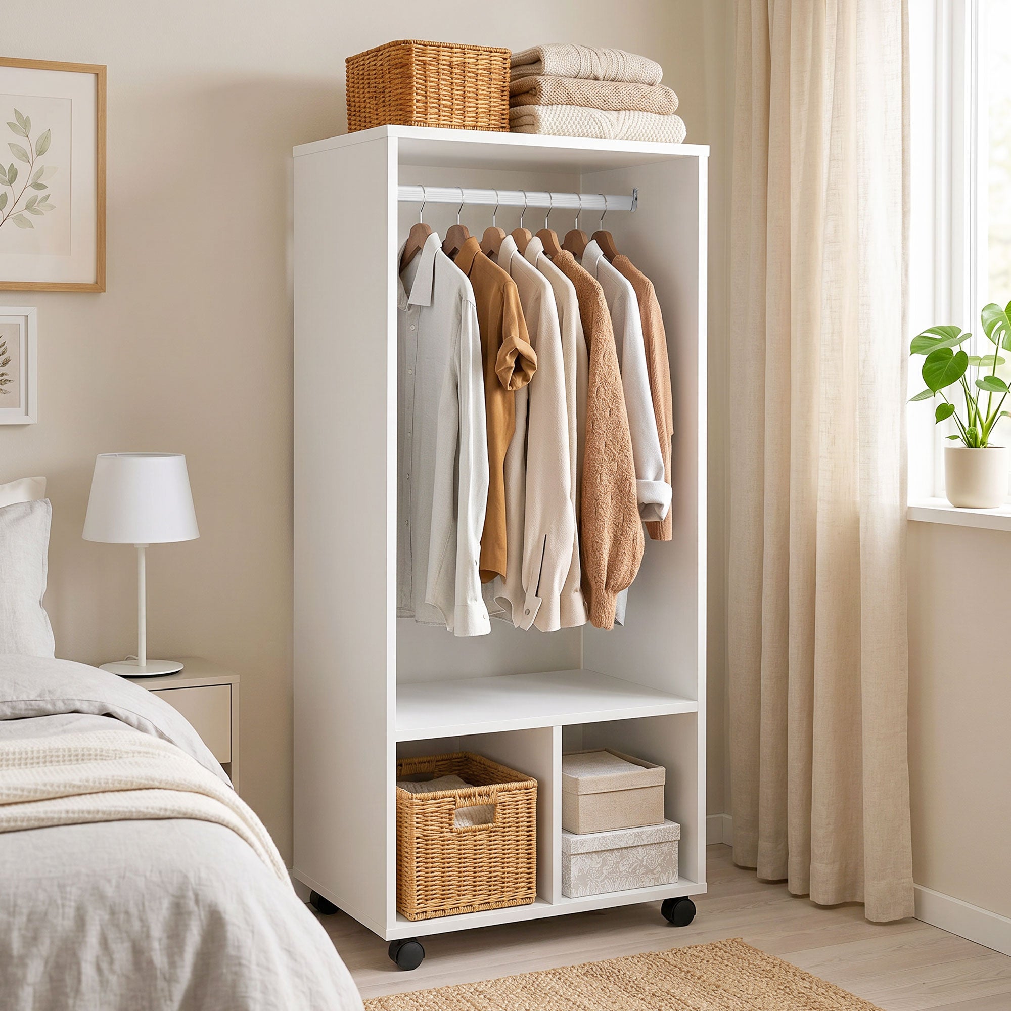 HOMCOM Open Wardrobe for Bedroom, Small Wardrobe on Wheels with Clothes Rail, Storage Shelves, Mobile Garment Rack for Clothes Storage, Cloakroom, Hallway, White