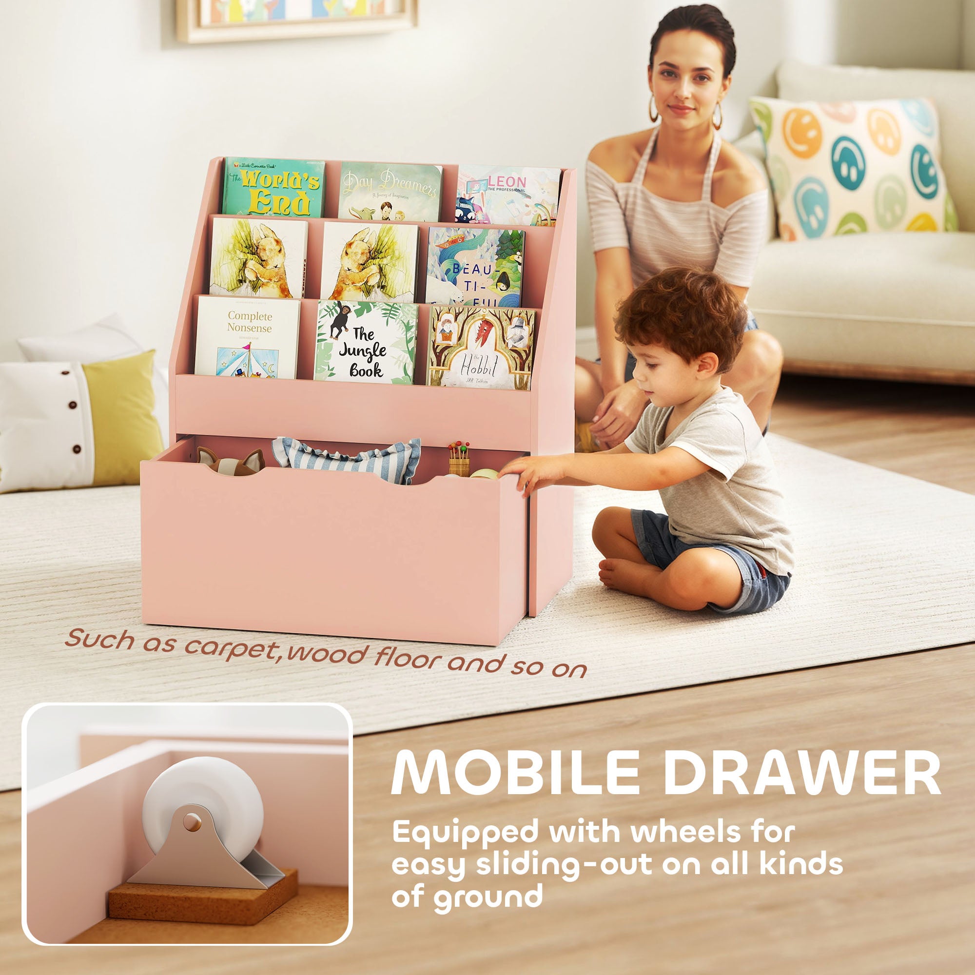 AIYAPLAY Bookcase for Kids with Shelves, Drawer, Bookcase for Bedroom, Playroom, Pink