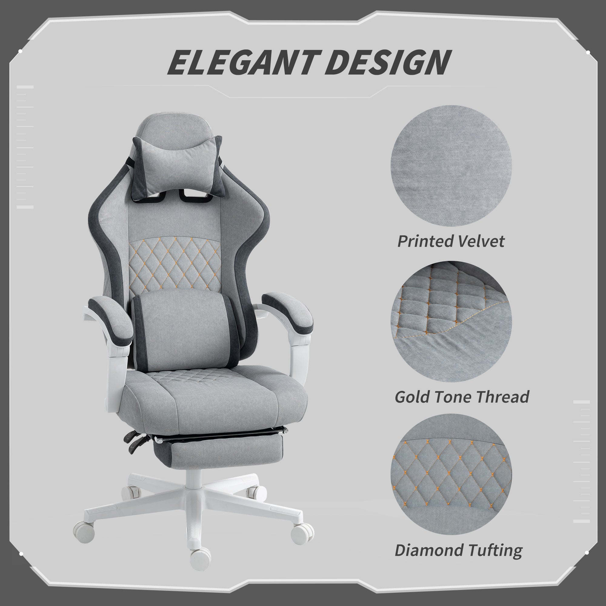 HOMCOM Ergonomic High Back Gaming Chair for Adults, Printed Velvet Computer Recliner Chair with Footrest, Lumbar Support, Adjustable Height and 360° Swivel Seat for Office or Gaming, Grey - North Peak Garden Furniture