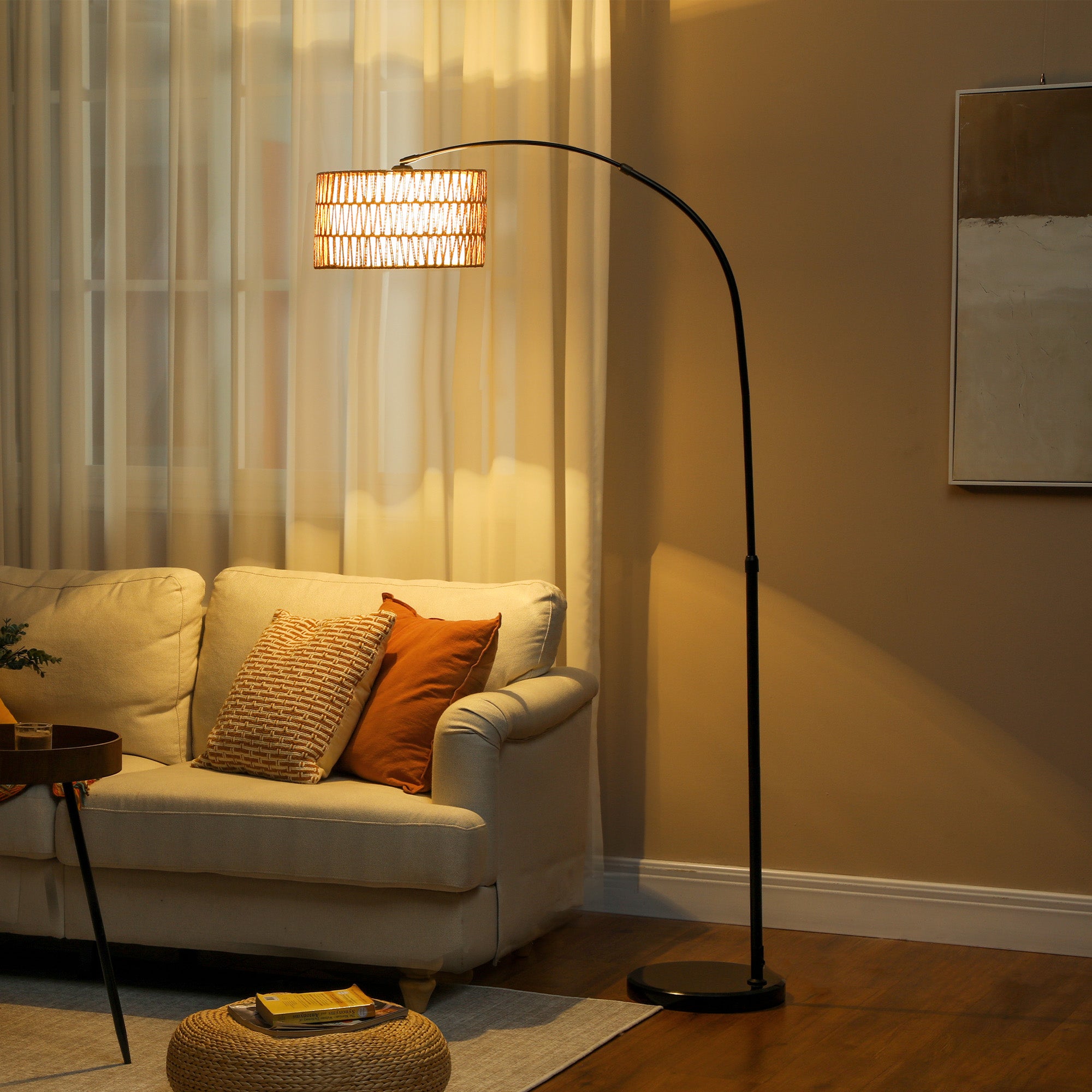 HOMCOM Rattan Floor Lamp for Living Room, Farmhouse Arc Standing Lamp with Dual-Layer Shade & Foot Switch, Height Adjustable Minimalist Tall Pole Lampshade for Bedroom, Office, Black - North Peak Garden Furniture