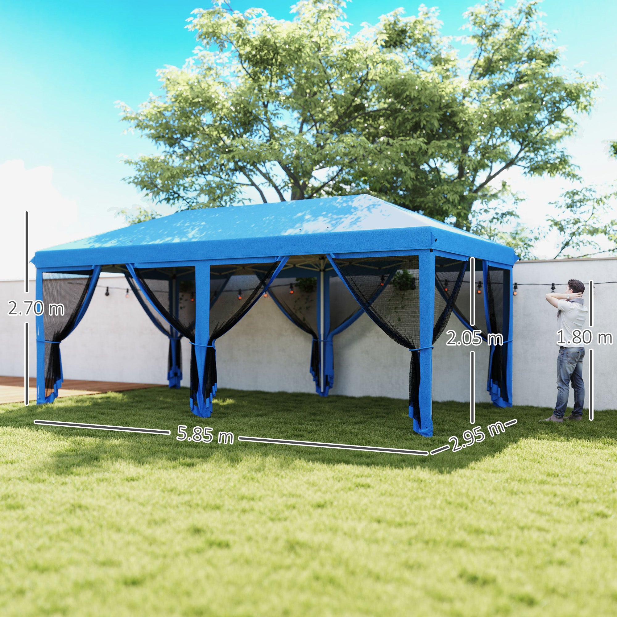 Outsunny 3 x 6m Pop Up Gazebo, Outdoor Canopy Shelter, Marquee Party Wedding Tent with 6 Mesh Walls and Carry Bag, Blue - North Peak Garden Furniture