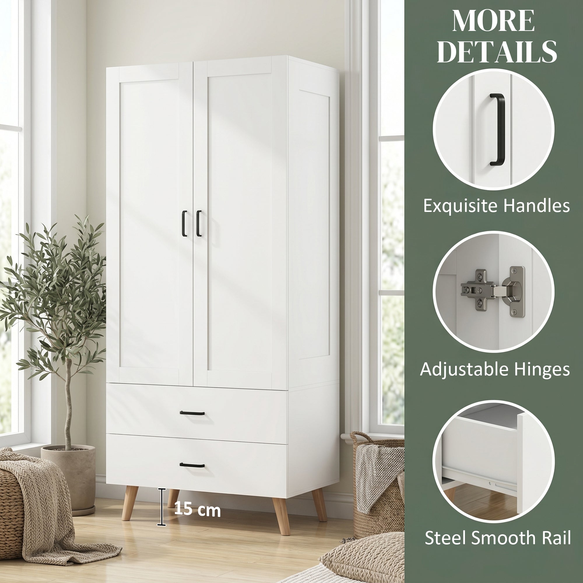 HOMCOM 2-Door Wardrobe, Modern Wardrobe with 2 Drawers and Hanging Rail for Bedroom, White