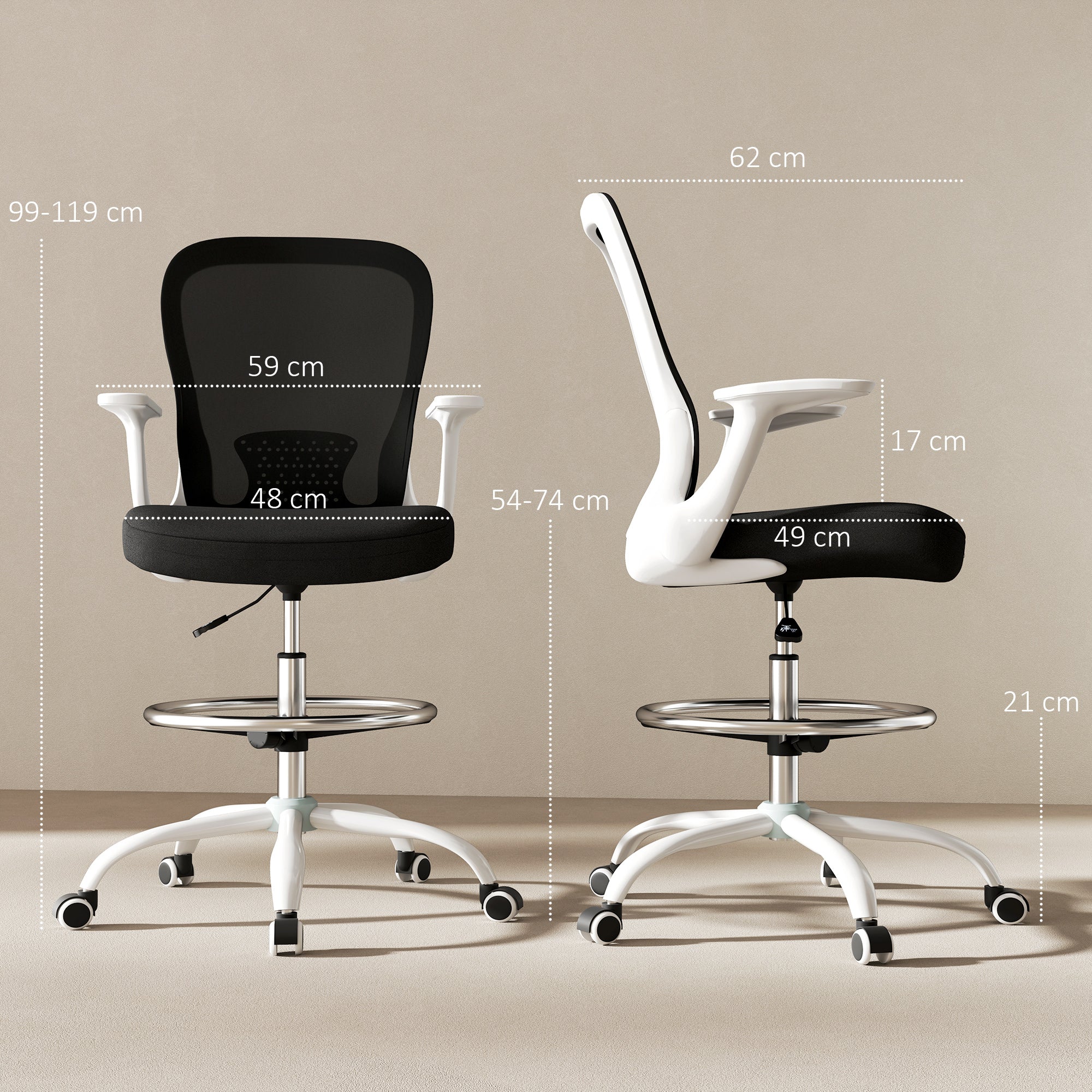 HOMCOM Draughtsman Chair, Mesh Drafting Chair, Ergonomic Office Chair with Flip-up Armrest, Adjustable Foot Ring, Black White - North Peak Garden Furniture