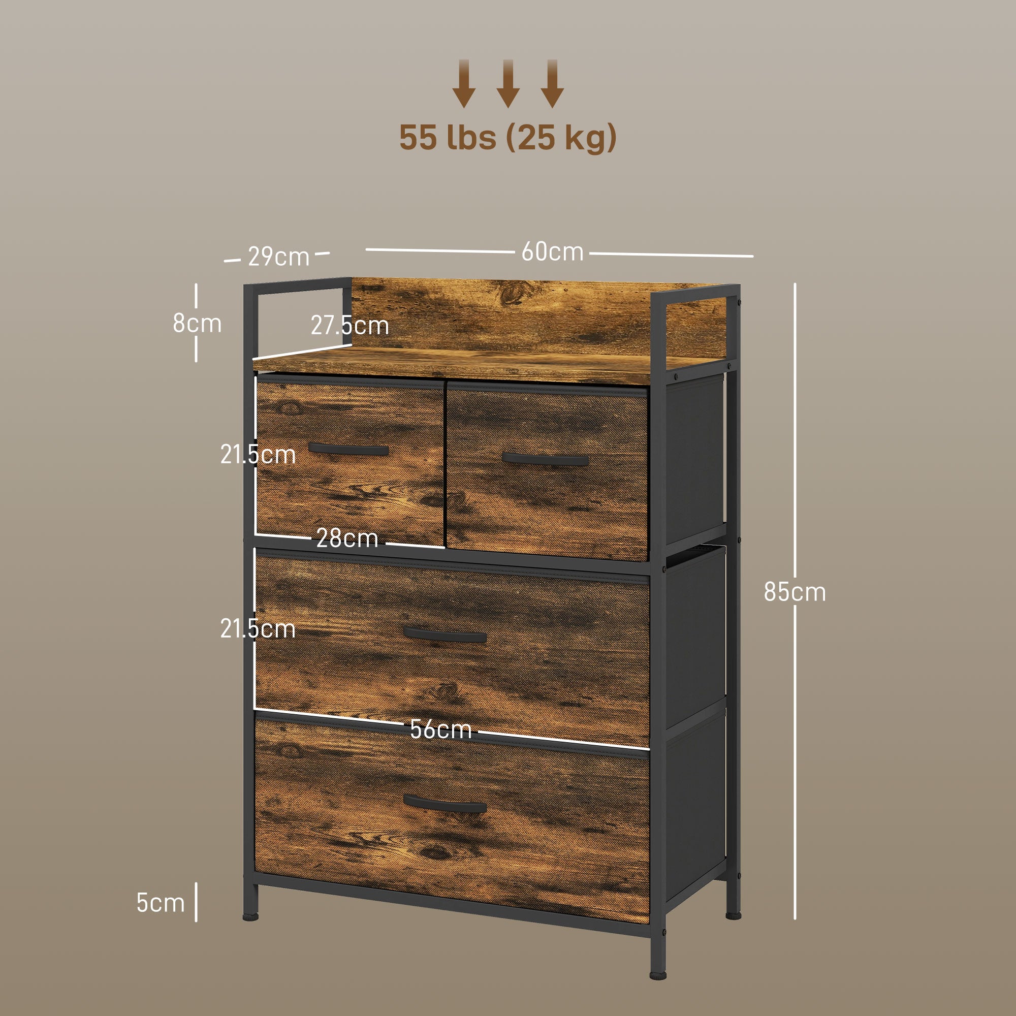HOMCOM Rustic Chest of Four Fabric Drawers - Rustic Brown - North Peak Garden Furniture
