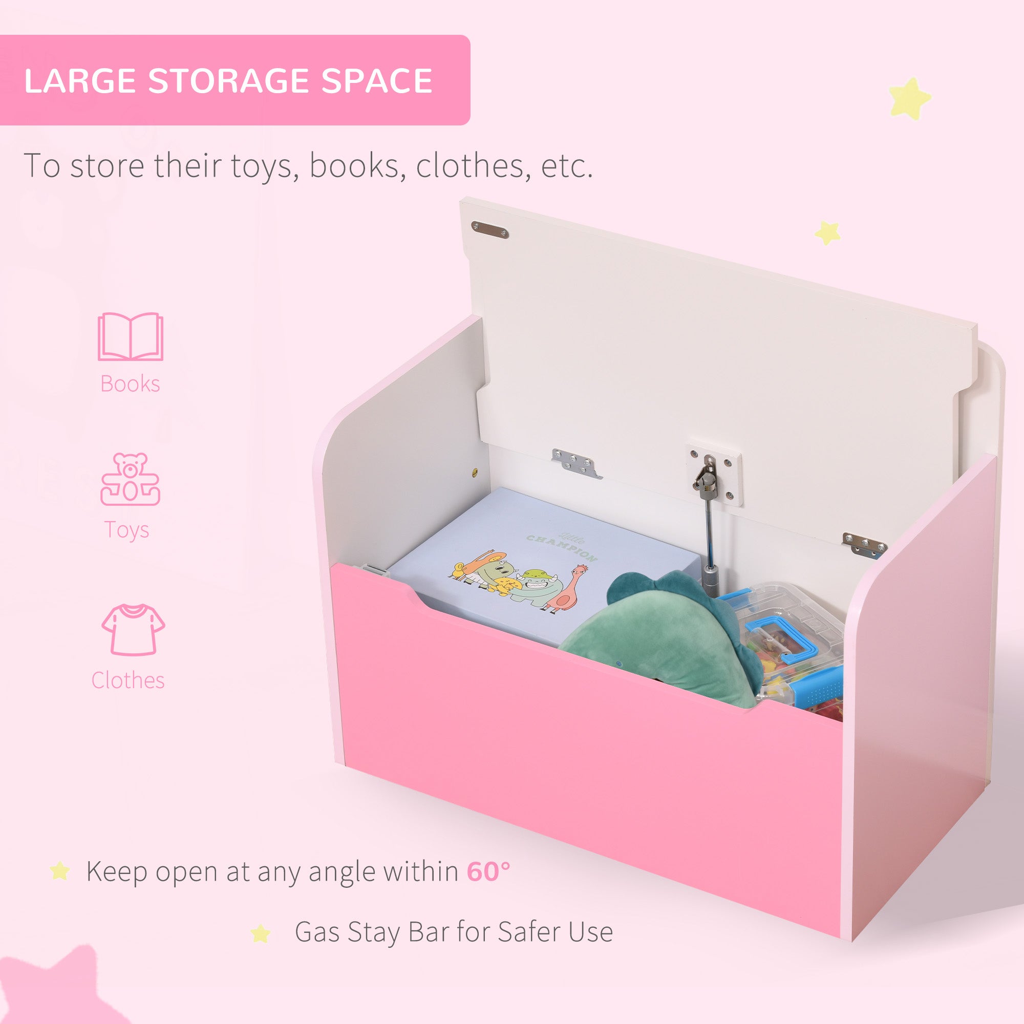 HOMCOM Kids Wooden Toy Box Children Storage Chest Bench Organiser Safety Hinge Bedroom Playroom Furniture Pink - North Peak Garden Furniture