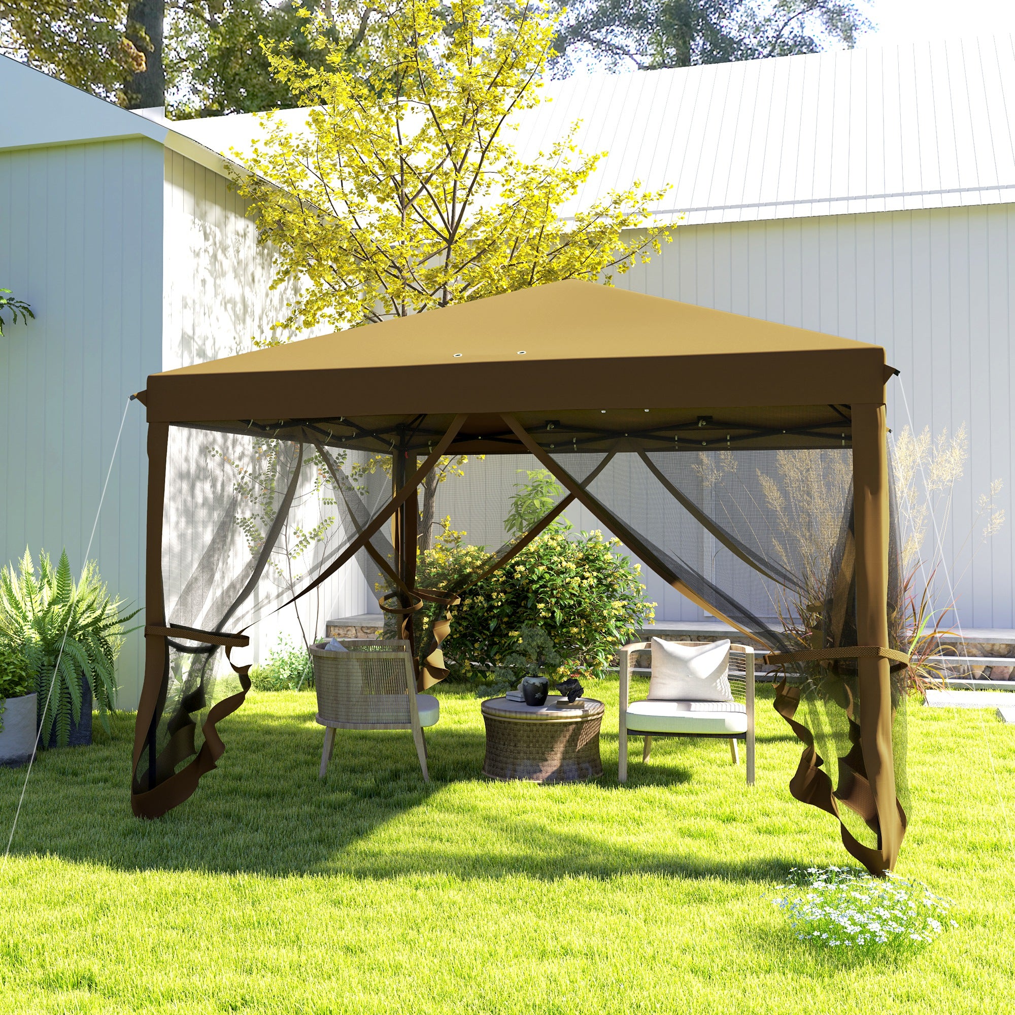 Outsunny 3 x 3 m Pop Up Gazebo, 420D Garden Tent Canopy with Removable Mesh Sidewall Netting, Carry Bag for Garden Patio Outdoor, Khaki - North Peak Garden Furniture