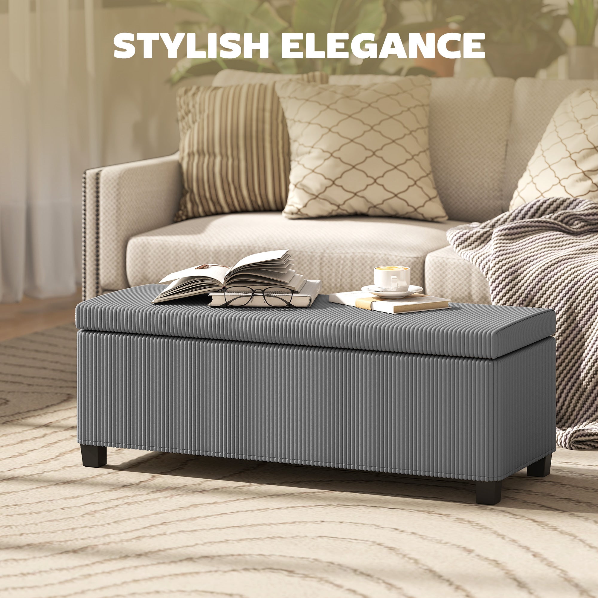 HOMCOM Storage Ottoman Bench, Corduroy Footstool with Removable Lid and Legs, 112cm Storage Chest Box for Living Room, Bedroom, Hallway, Grey