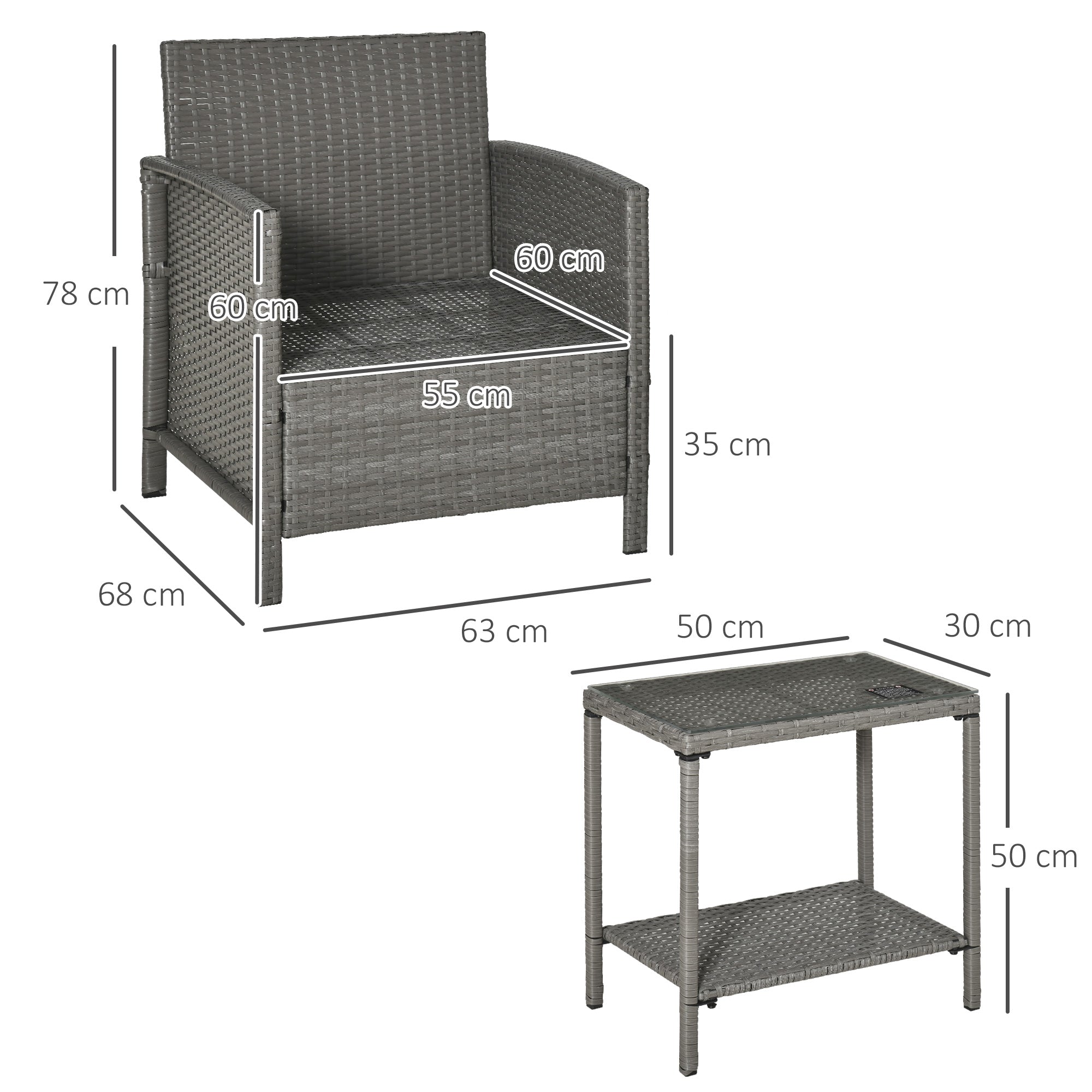 Outsunny 3 Pieces Rattan Bistro Set, Wicker Garden Furniture Set, Glass Top 2-tier Coffee Table and Chairs Set with Pillows and Washable Cushions for Outdoor, Patio, Balcony, Light Grey - North Peak Garden Furniture