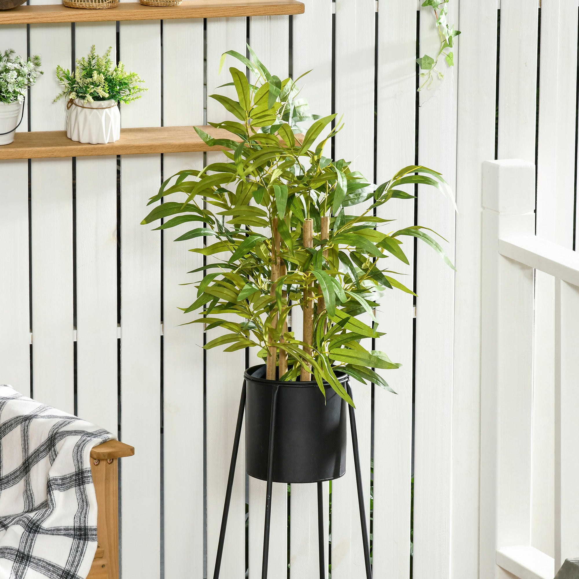 HOMCOM 2 PCs Artificial Plants Bamboo Tree in Pot Desk Fake Plants for Home Indoor Outdoor Decor, 15x15x60cm, Green - North Peak Garden Furniture