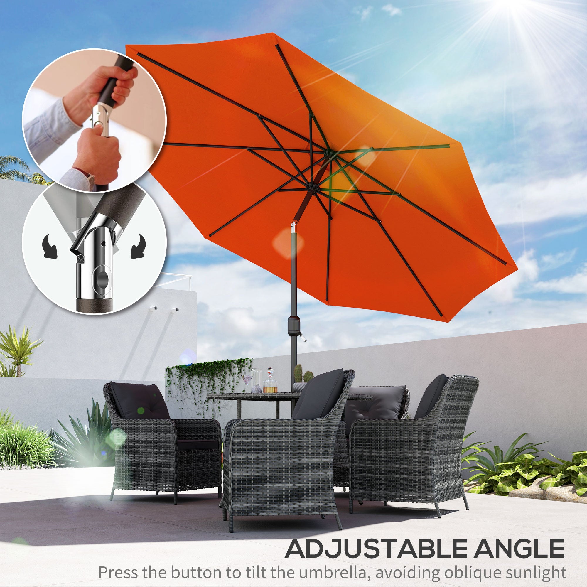 Outsunny 3 m Garden Parasol Umbrellas, Outdoor Sun Shade with 8 Ribs, Tilt and Crank Handle for Balcony, Bench, Garden, Orange