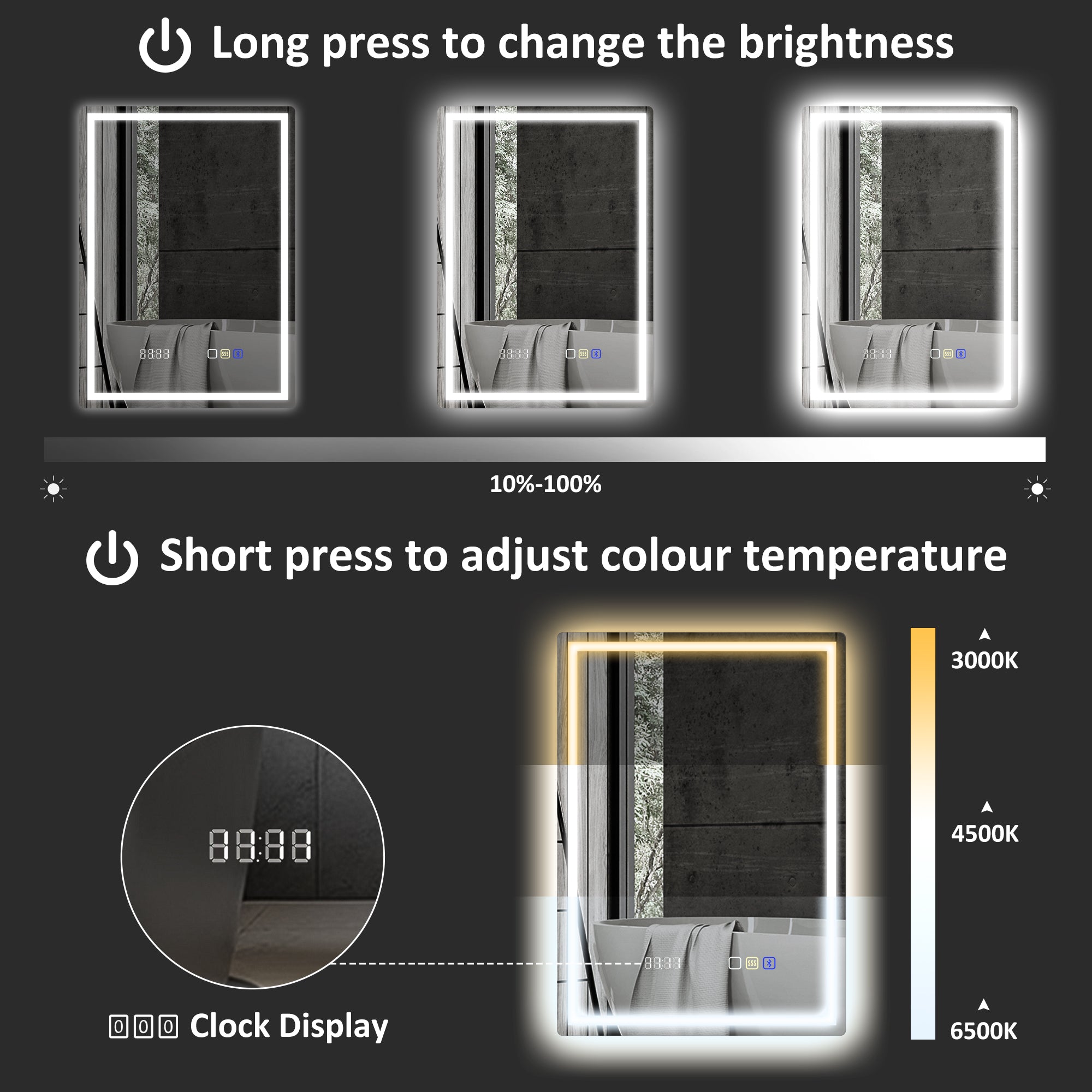 HOMCOM 50 x 70 cm Anti-Fog LED Bathroom Mirror, with Bluetooth and Clock - Silver Tone - North Peak Garden Furniture