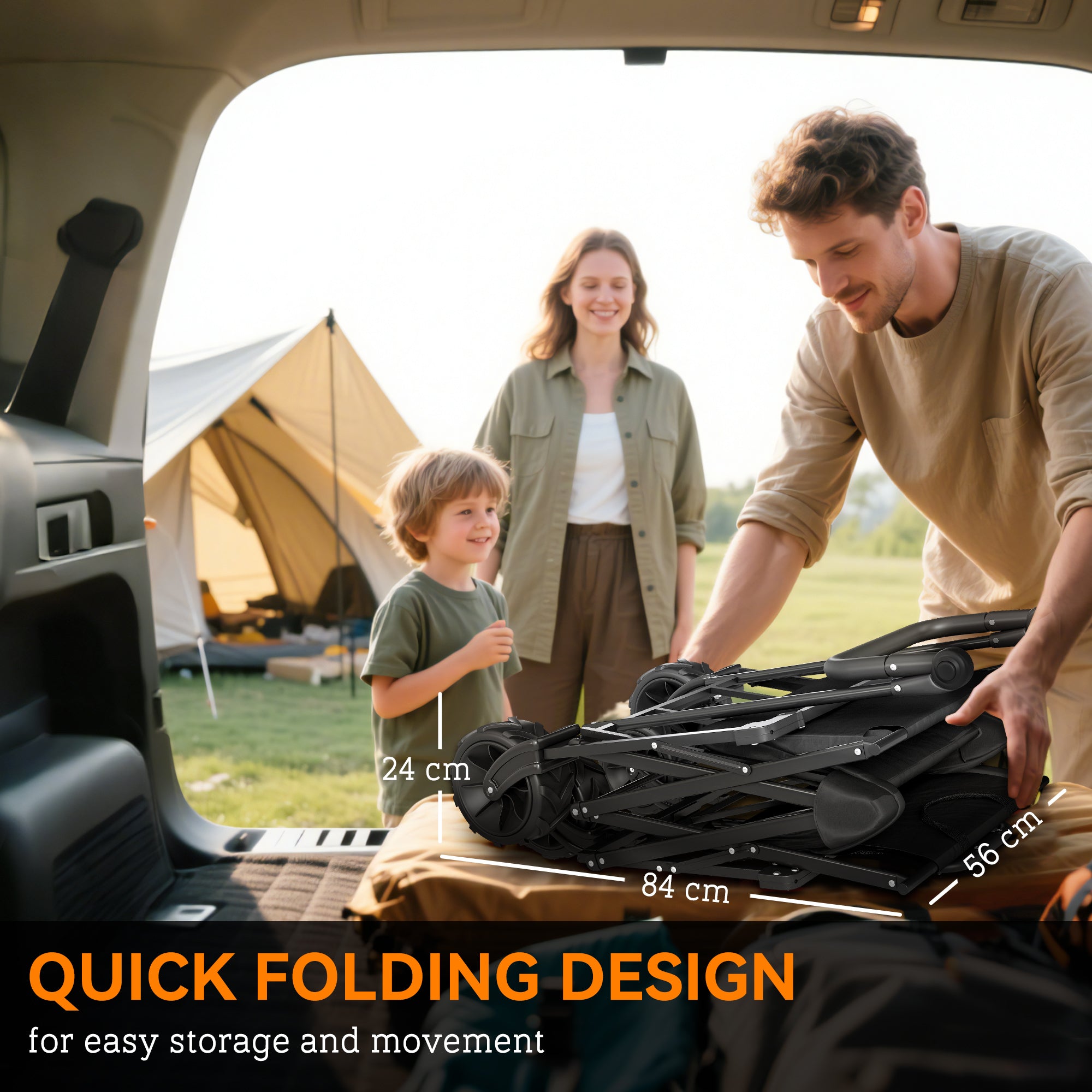 Outsunny Folding Trolley Cart Storage Wagon Beach Trailer 4 Wheels with Handle Overhead Canopy Cart Push Pull for Camping, Black - North Peak Garden Furniture