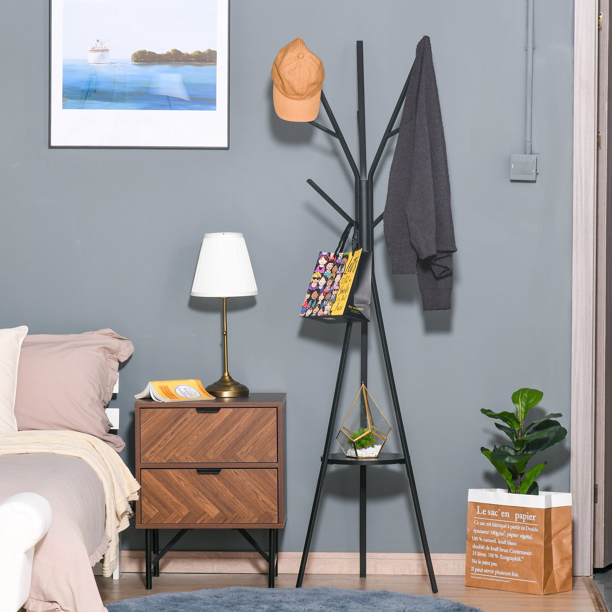 HOMCOM Freestanding Metal Coat Rack Stand 9 Hooks Clothes Tree with 1 Shelf Hat Display Hall Tree Hanger Bag Umbrella Hanging Organiser Black - North Peak Garden Furniture