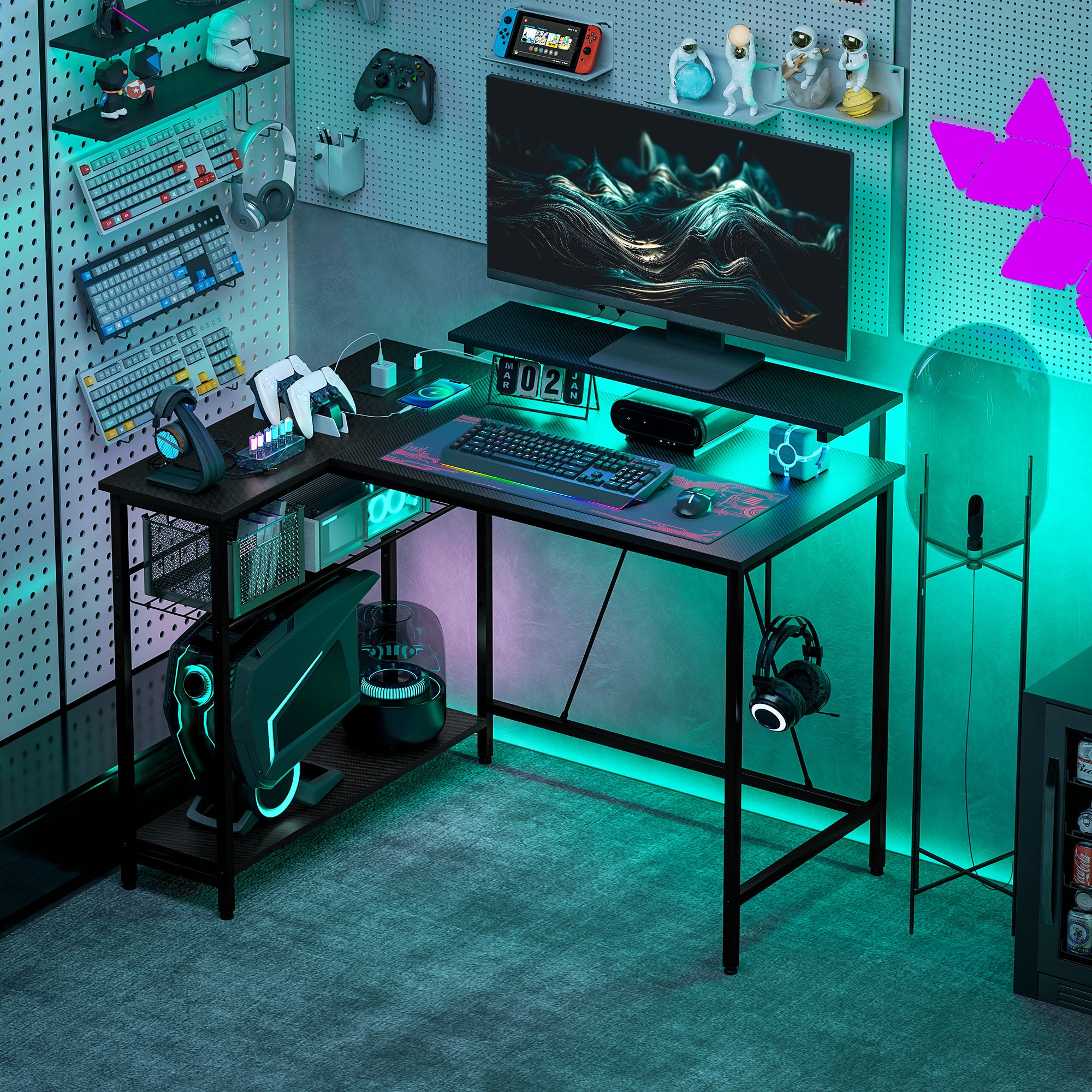 HOMCOM Reversible 'L' LED Light Gaming/Work Desk - Black - North Peak Garden Furniture