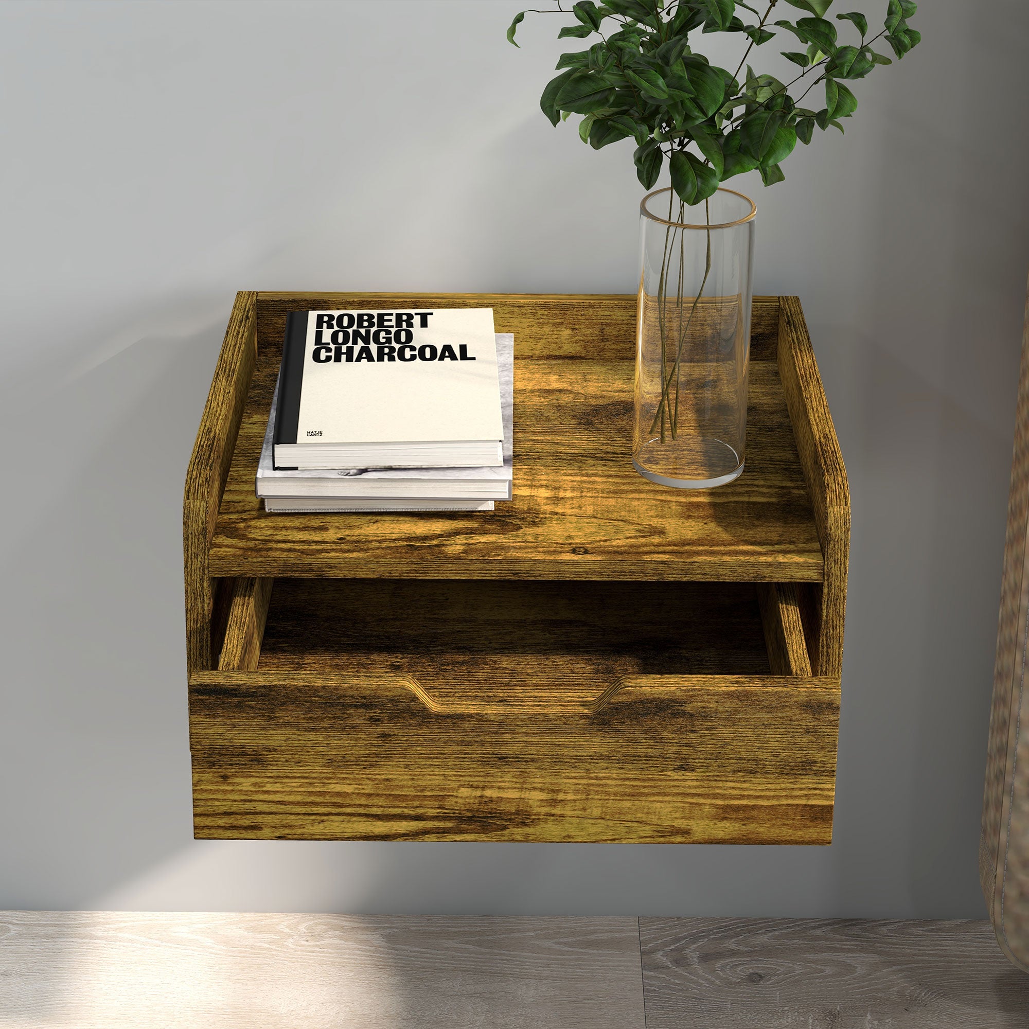 HOMCOM Floating Nightstand Set of 2 Wall Mounted Bedside Table with Storage Drawer for Bedroom, Rustic Brown - North Peak Garden Furniture