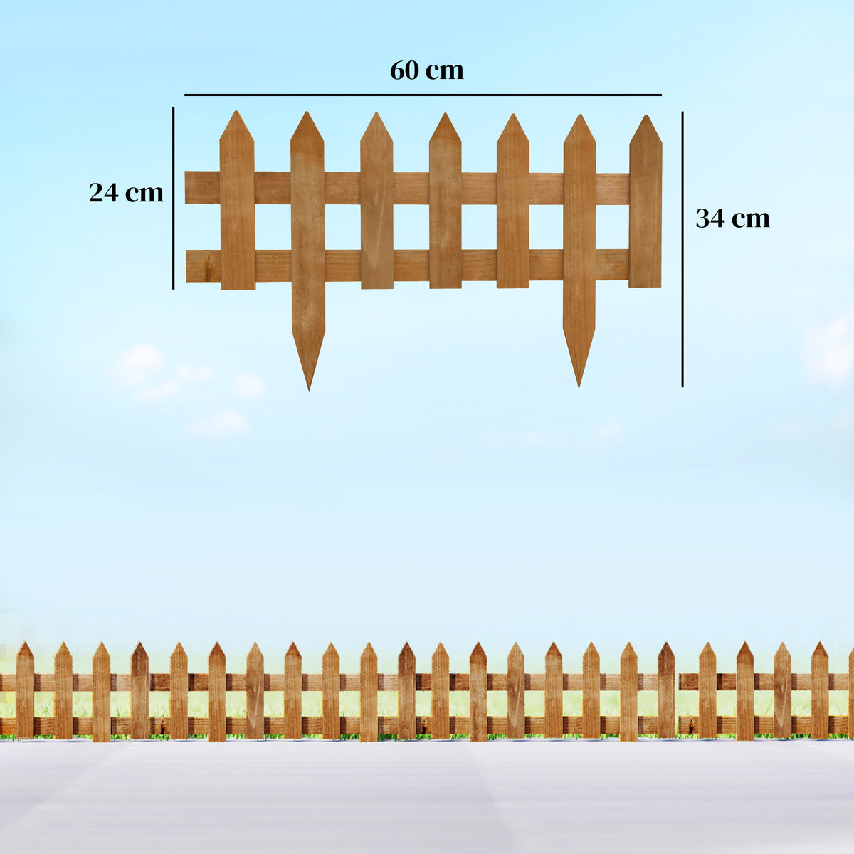 Outsunny Pack of 12 Wooden Border Fences, Garden Fixed Picket Fence for Lawn Edging, Flowerbed, 60L x 1D x 34H cm, Brown
