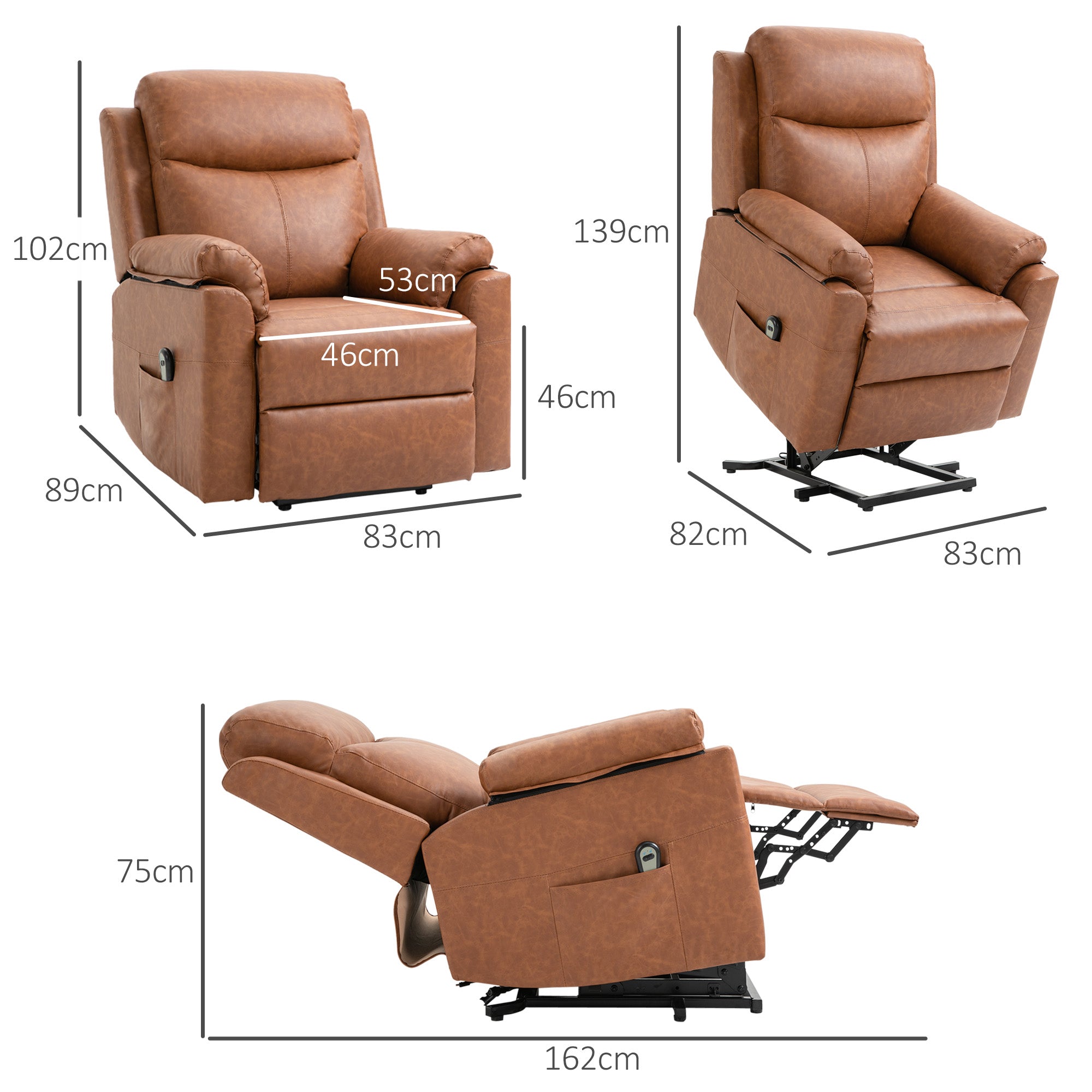 HOMCOM Faux Leather 70° Electric Riser Recliner Chair - Brown