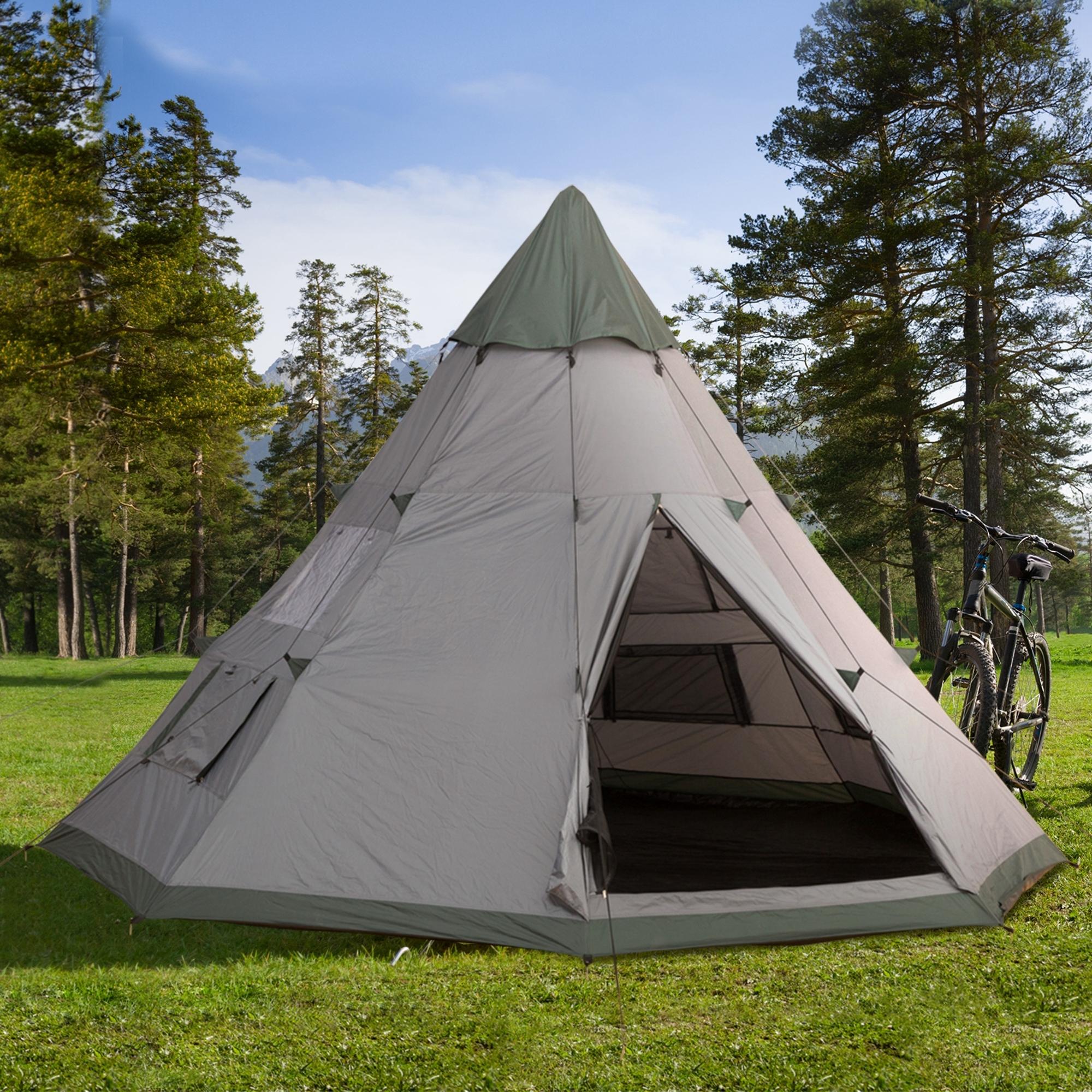 Outsunny 6 Men Tipi Tent, Camping Tent, Teepee Family Tent with Mesh Windows, Sewn-in Tent Floor, Two Doors and Carry Bag, Easy Set Up, for Hiking Picnics Outdoor Night, Gray - North Peak Garden Furniture